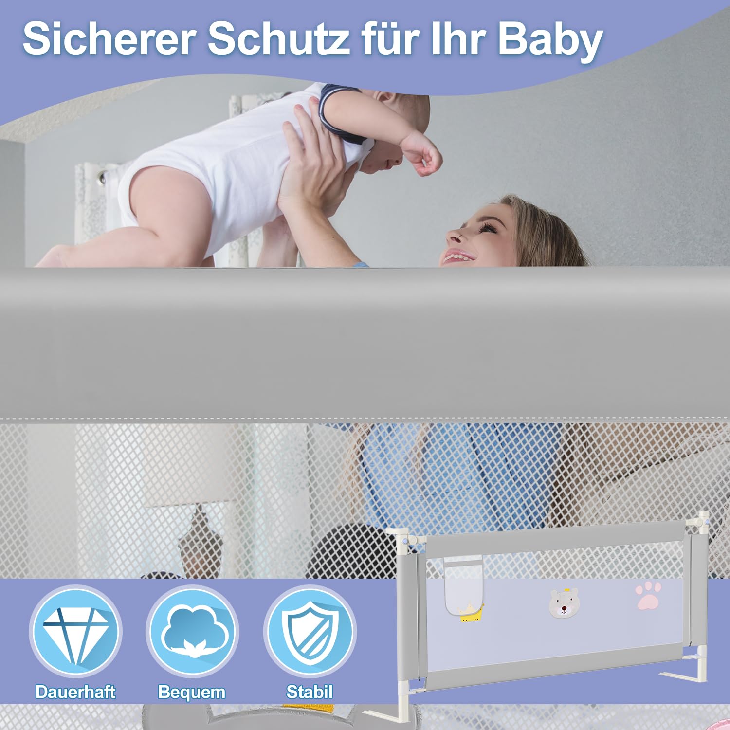 Fiqops Bettgitter rausfallschutz 180cm und 200cm,Rausfallschutz Bett Klappbar 2 STK,Bettschutzgitter vertikalen Heben,Fallschutz Bett stabile Bauweise,Baby bettgitter für Kinder,Grau Cartoon
