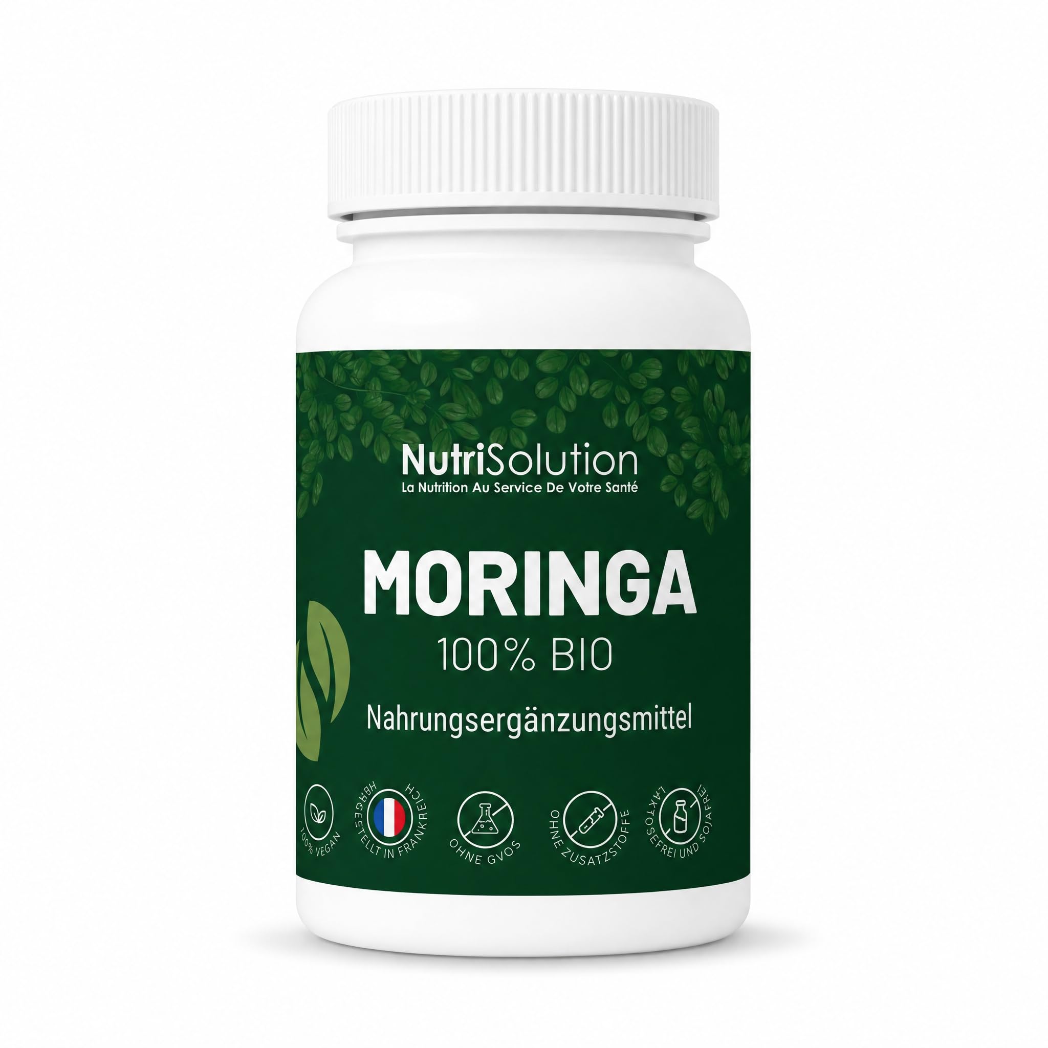 NutriSolution Moringa Kapseln 100% Bio - Superfood voller Multivitamine und Mineralien - Pulver aus Moringa Oleifera Blättern - 90 vegetarische Kapseln (1)