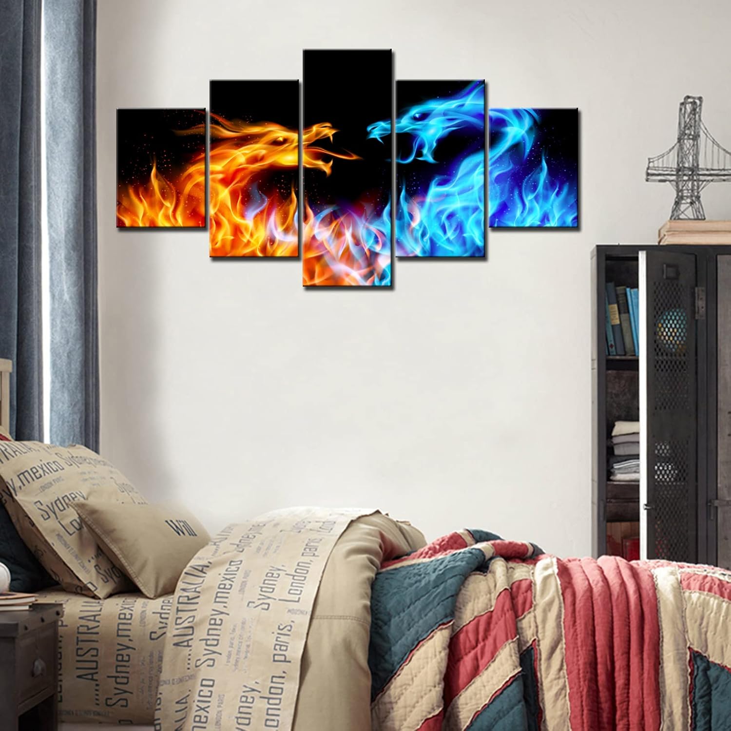 Dragon Canvas Wall Art Abstract Animal Paintings Blue and Red Fire Pictures for Living Room Multi Panel Prints Artwork Wildlife Canvas Modern Home Decor Framed Giclee Ready to Hang Gift(60''Wx32''H) 60''W x 32''H Artwork-05
