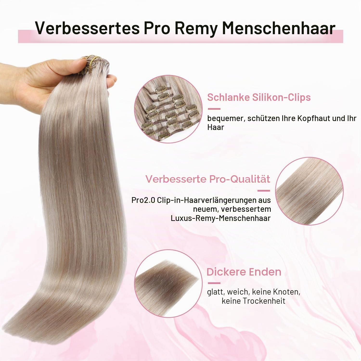Pro2.0 Clip in Extensions Echthaar Menschenhaar 120g Dick 7 Stück | Farbe #18p1000 Aschblond Highlight Gebleichtes Blond Haarverlängerung Echthaar Clip 40cm für Frauen (#18p1000-40cm)