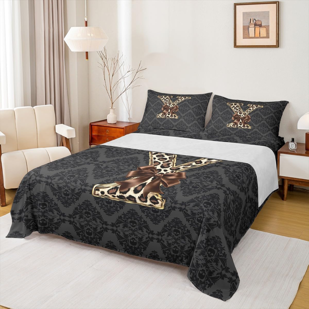 Homewish Juego de sábanas con letra inicial con estampado de guepardo, doble decoración antigua, calavera, damasco, negro, damasco, ropa de cama personalizada con lazo marrón, juego de sábanas