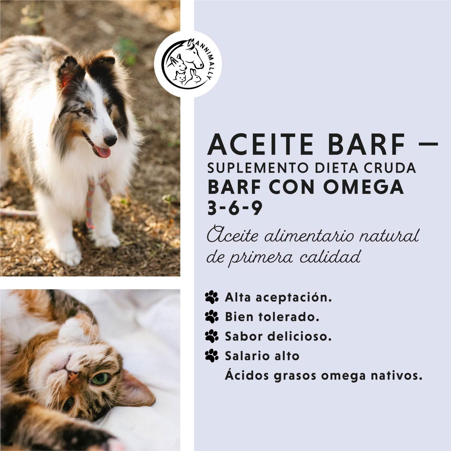 Aceite Barf para Perros 1000 ml - Aceite Barf con Omega 3-6-9 a Base de: Aceite de salmón, Aceite de Colza, Aceite de cáñamo y Aceite de borraja. Aceite alimentario para Perros como complemento