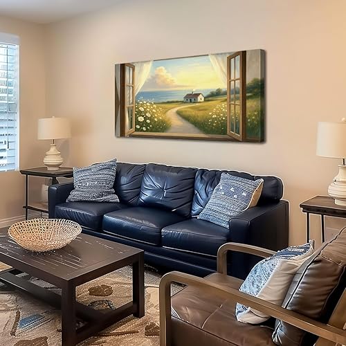 Miniatura 3 de 20"x 40" Canvas Wall Art Vintage Window Landscape Farmhouse Nature Scenery Warm Framed Pictures Painting Print Large Wall Art for Living Room