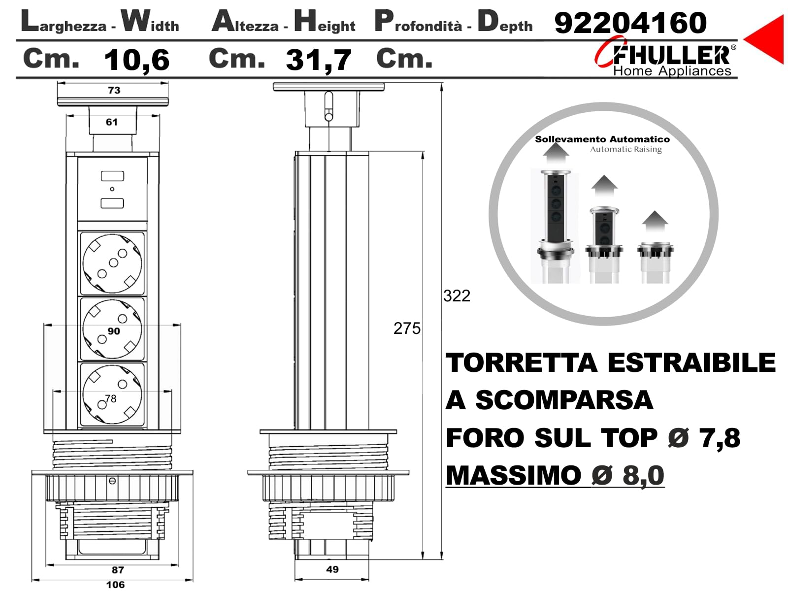 Torretta Elettrica a Scomparsa con 3 Prese Schuko 10/16A, 2 USB, Cavo 1,8m, Alluminio e Coperchio Inox Satinato – Design Moderno, Installazione Flessibile, 3500W Max (Grigia)