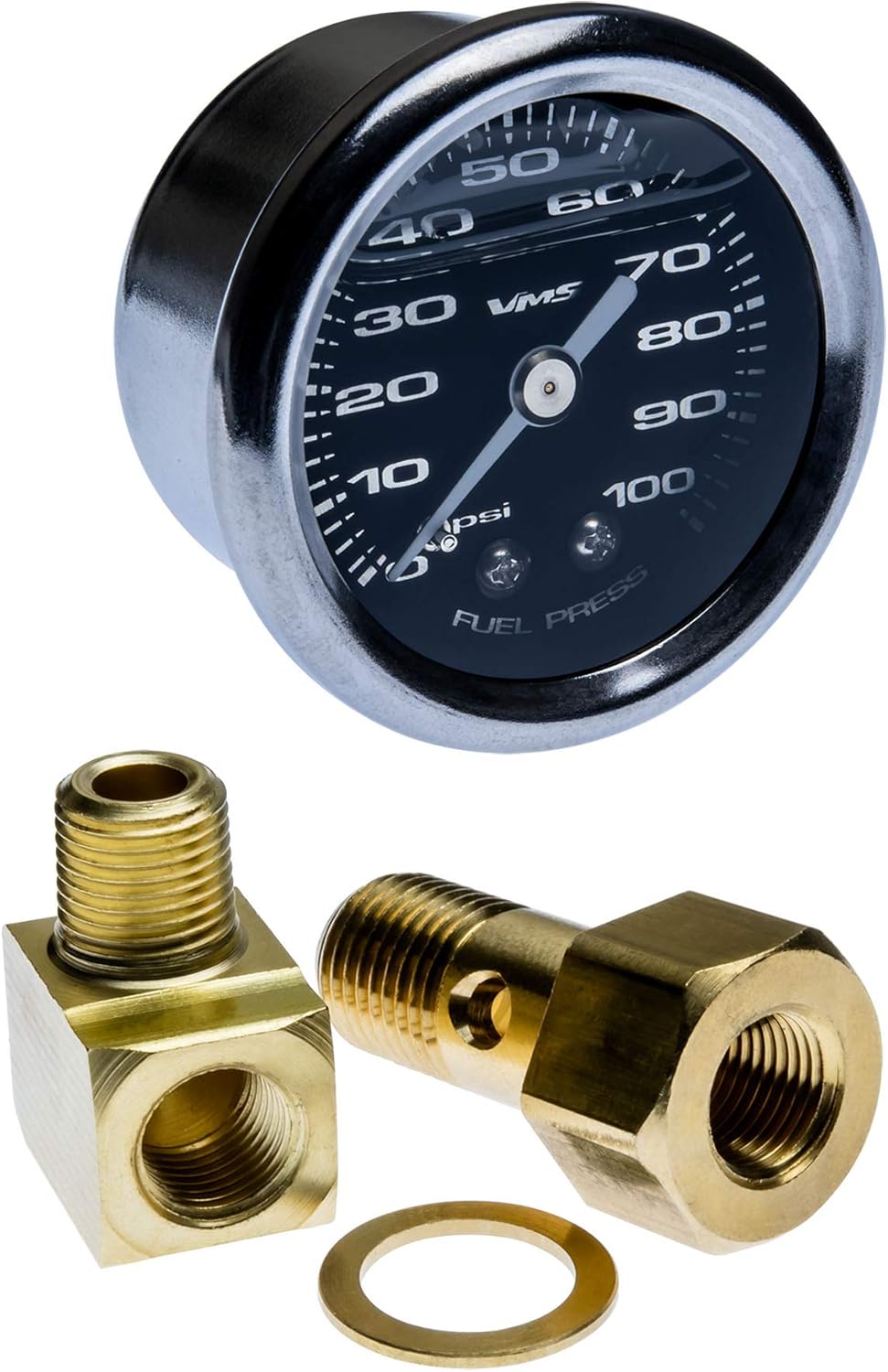 VMS RACING 0-100 PSI Liquid Filled Fuel Pressure Gauge with Adapters Kit in Black Face Silver Numbers Compatible with Acura Integra 90-01 1990-2001