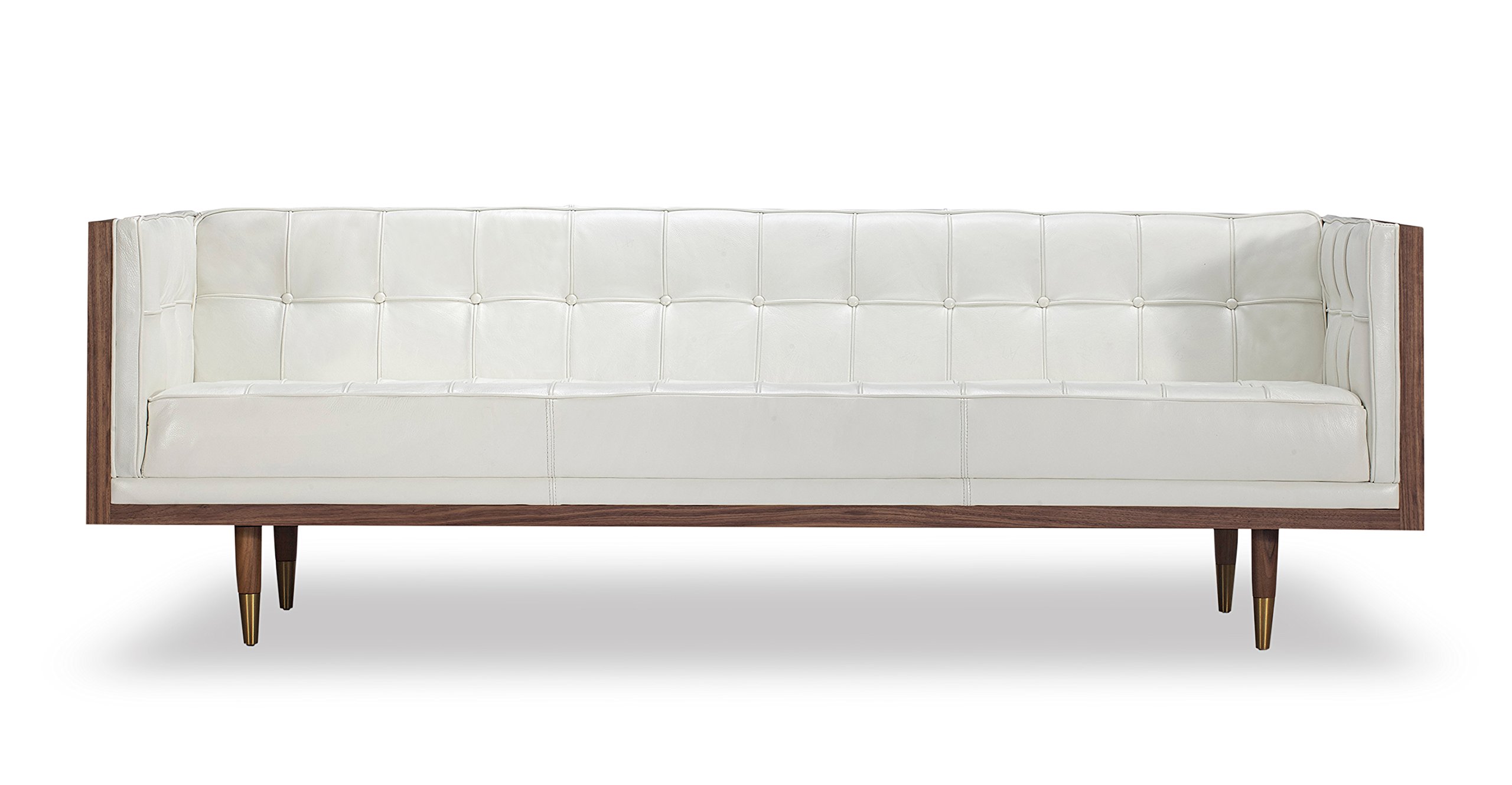 Woodrow Midcentury Modern Box Sofa, White Aniline Leather/Walnut