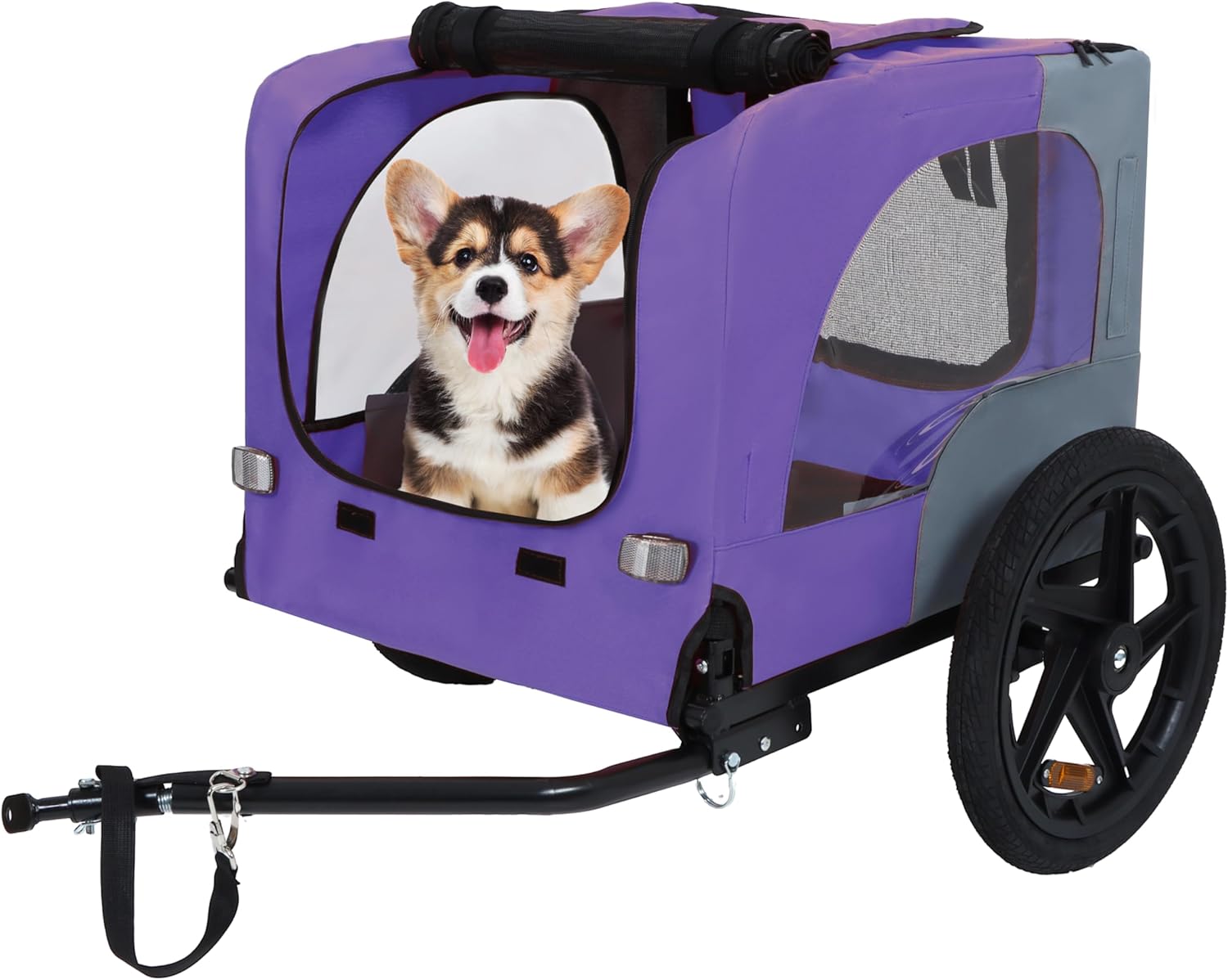 Dog Bike Trailer, 16" All-Terrain Wheels, Pet Cart Bicycle Carrier for Small & Medium Dogs, Easy Folding Frame with Quick Release Wheel, Universal Bicycle Coupler, Reflector,Flag,Internal Leash,Purple