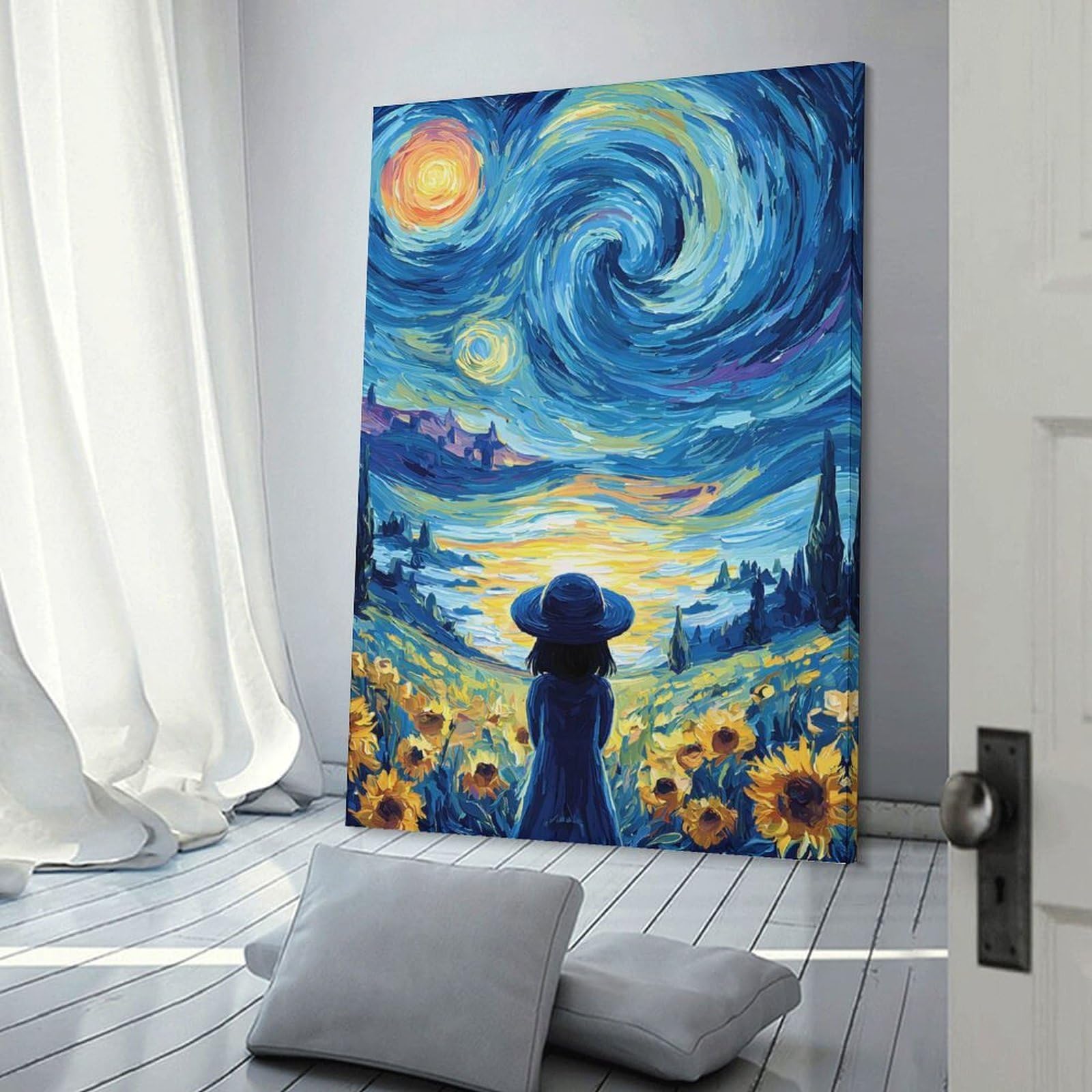 Junmoney Girl in Sunflower Field Under Starry Sky Home Decor Wall Art 24x36inch(60x90cm), for Living Room, Lounge Or Sitting Room, A Home Accent with Warm Character