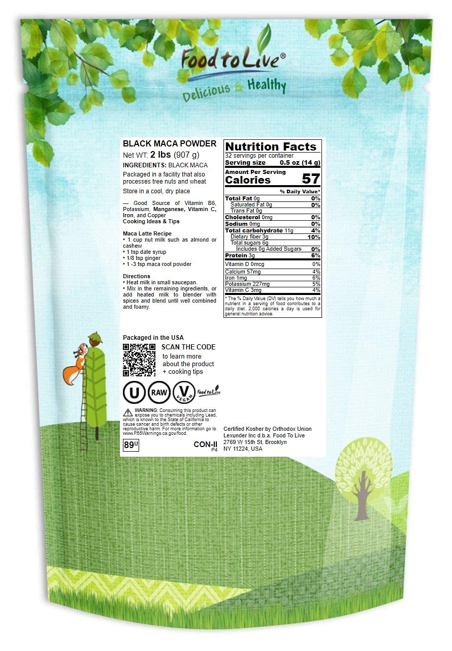 Food to Live - Black Maca Powder, 2 Pounds - Finely Ground Raw Dried Root, Kosher, Vegan, Non-Gelatinized Powder, Bulk. Energizing Superfood Supplement