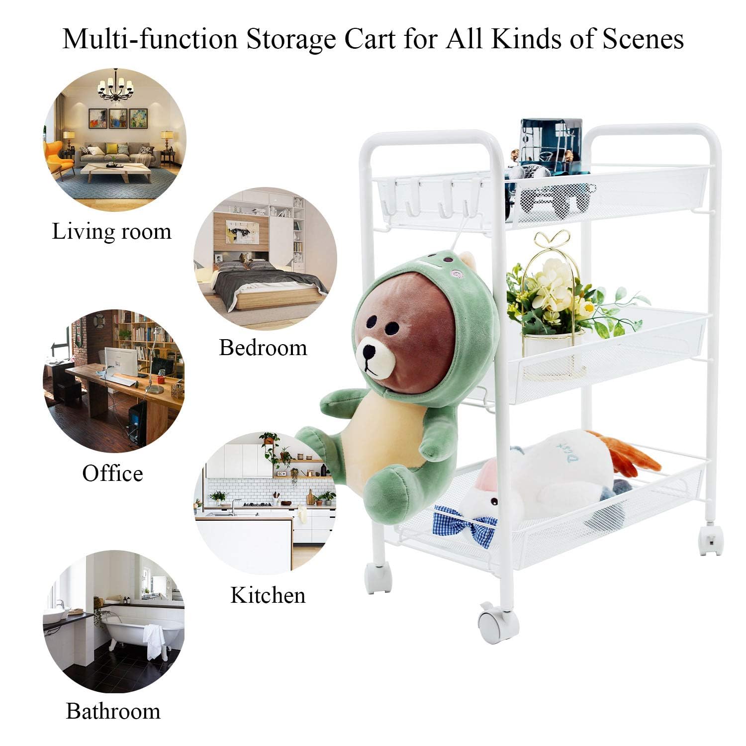 Carro de almacenamiento de cocina, carrito de metal con ruedas, carrito de cocina utilitario para cocina, lavandería, baño, fácil de montar (blanco)