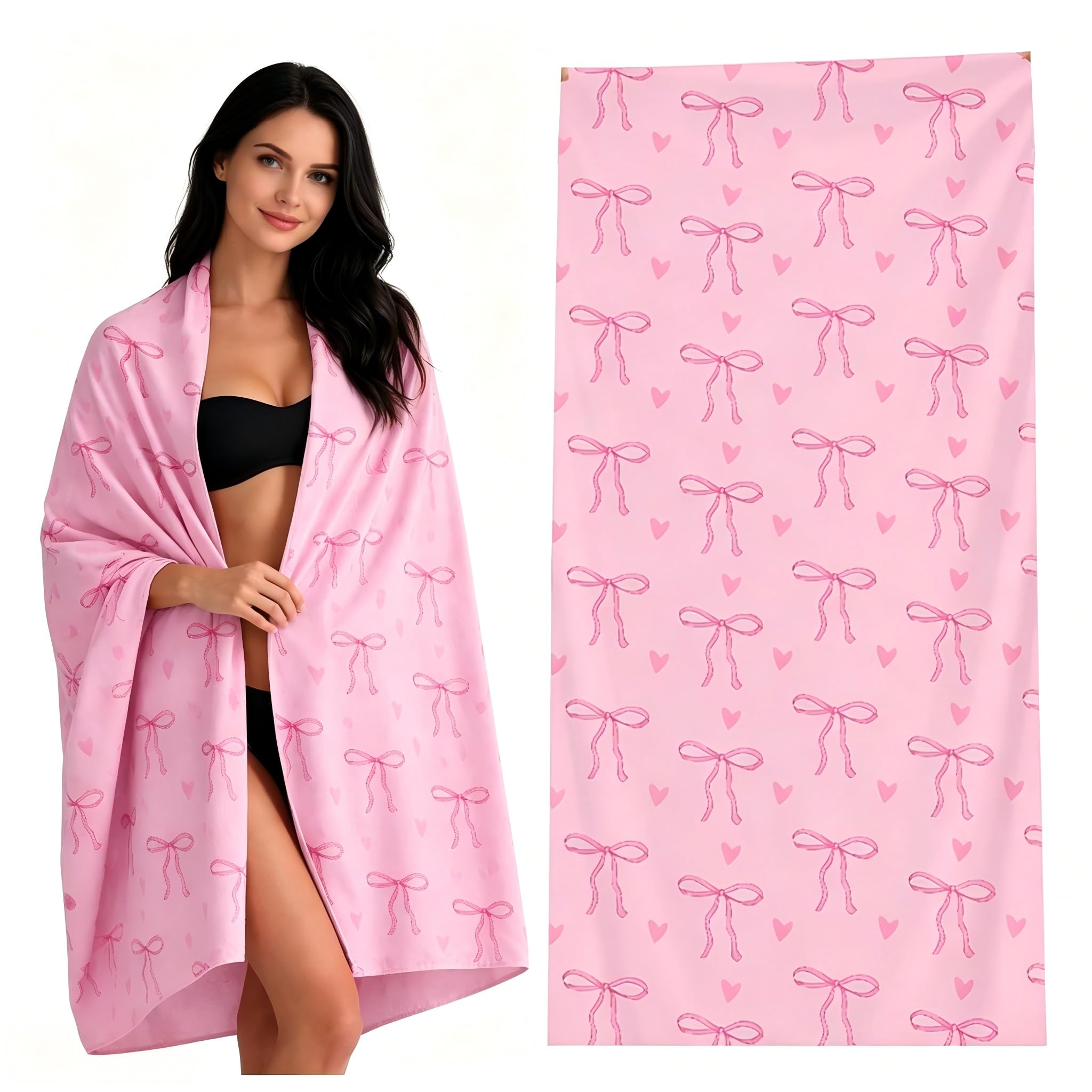 LPVVPEZ Pink Bow Beach Towel & Throw Blanket 2-in-1 – Oversized 75x150cm Super Soft Microfiber Towel, Cute Single Side Print for Pool, Travel, Gift, Home Decor