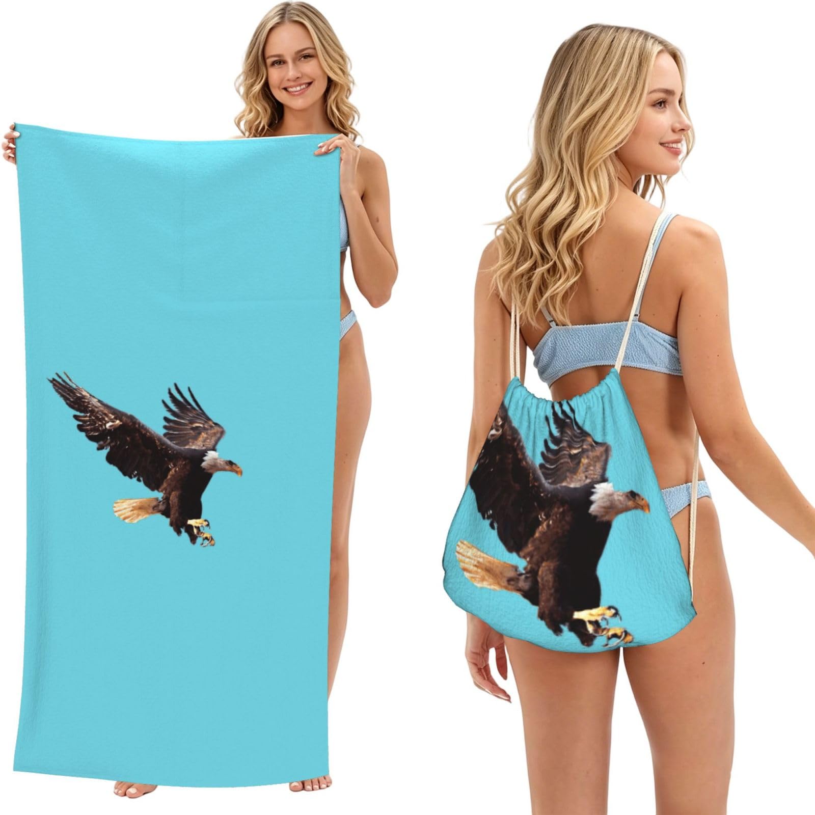 aacxzff eagle Print 2 in 1 Packable Towel Bag, Drawstring Beach Towel Backpack,80x160cm for Beach trips