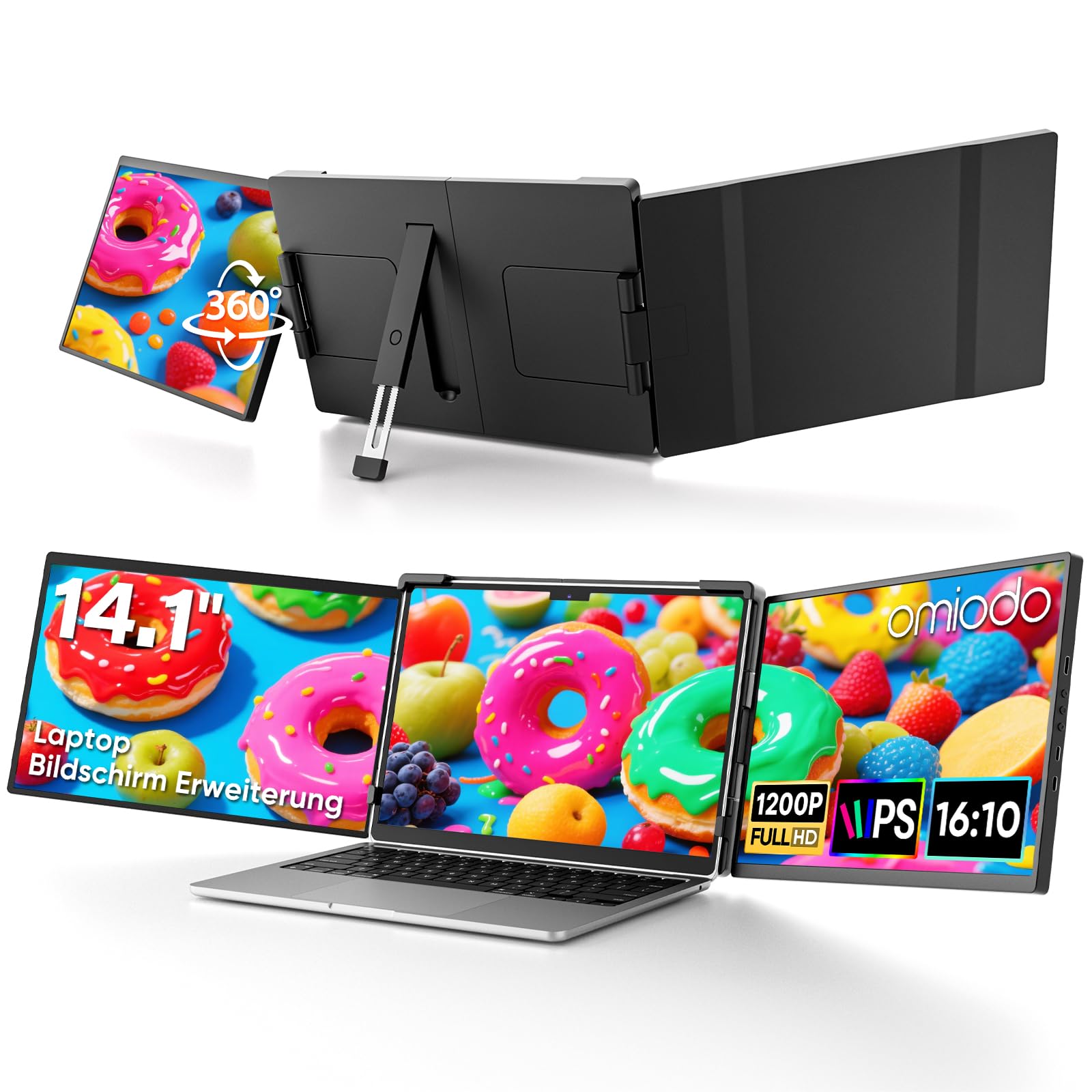Omiodo 14" Laptop Bildschirm Erweiterung Screen Extender FHD 1200P Anti-Glare Ultradünn Tragbarer Monitor Für Laptop mit Ständer Plug & Play–für 13-17" Windows Mac Android Chrome,Mini HDMI/USB-C