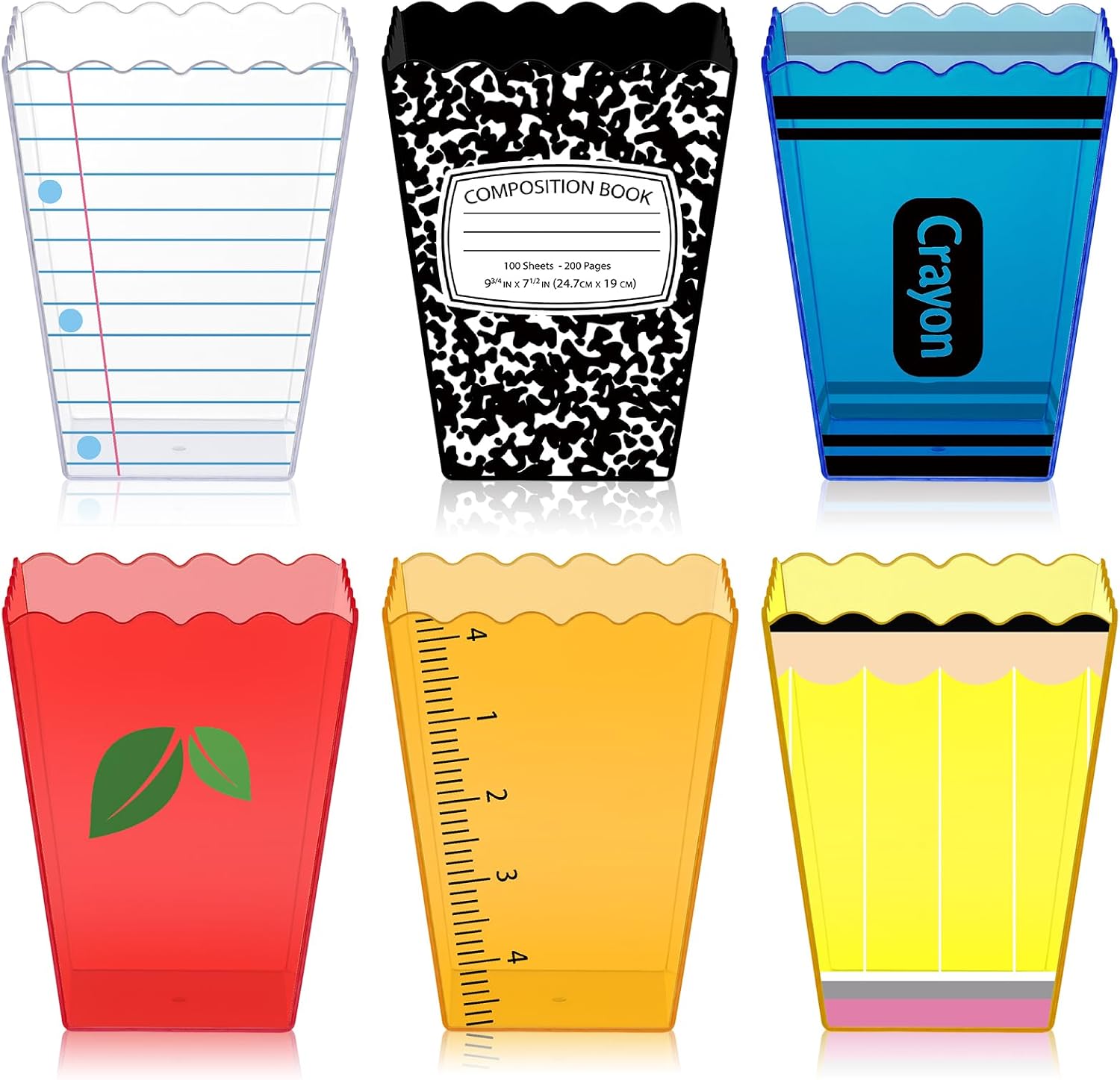 Marspark 6 Pcs Back to School Teacherl Gift Boxes, Acrylic Containers Cute Pencil Holder for Classroom with Crayon Composition Notebook Apple Designs, Classroom Party Favor Boxes for Teacher Student