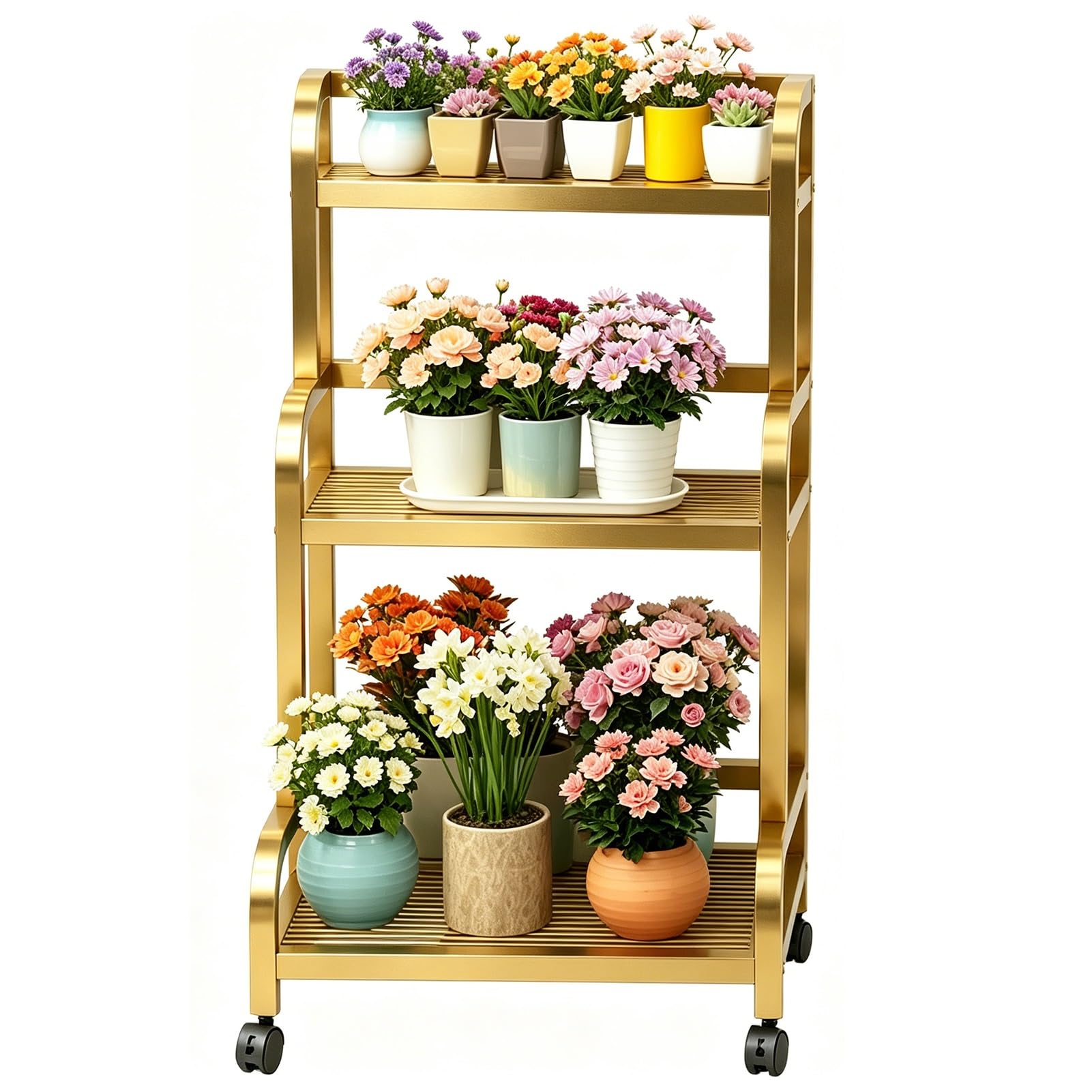 DMCHENGMA Gold Wrought Iron 3-Tier Plant Stand, 107CM Tall Ladder-Style Flower Display Rack with Wheels, Durable Multi-Purpose Storage Shelf(80x40x107cm)