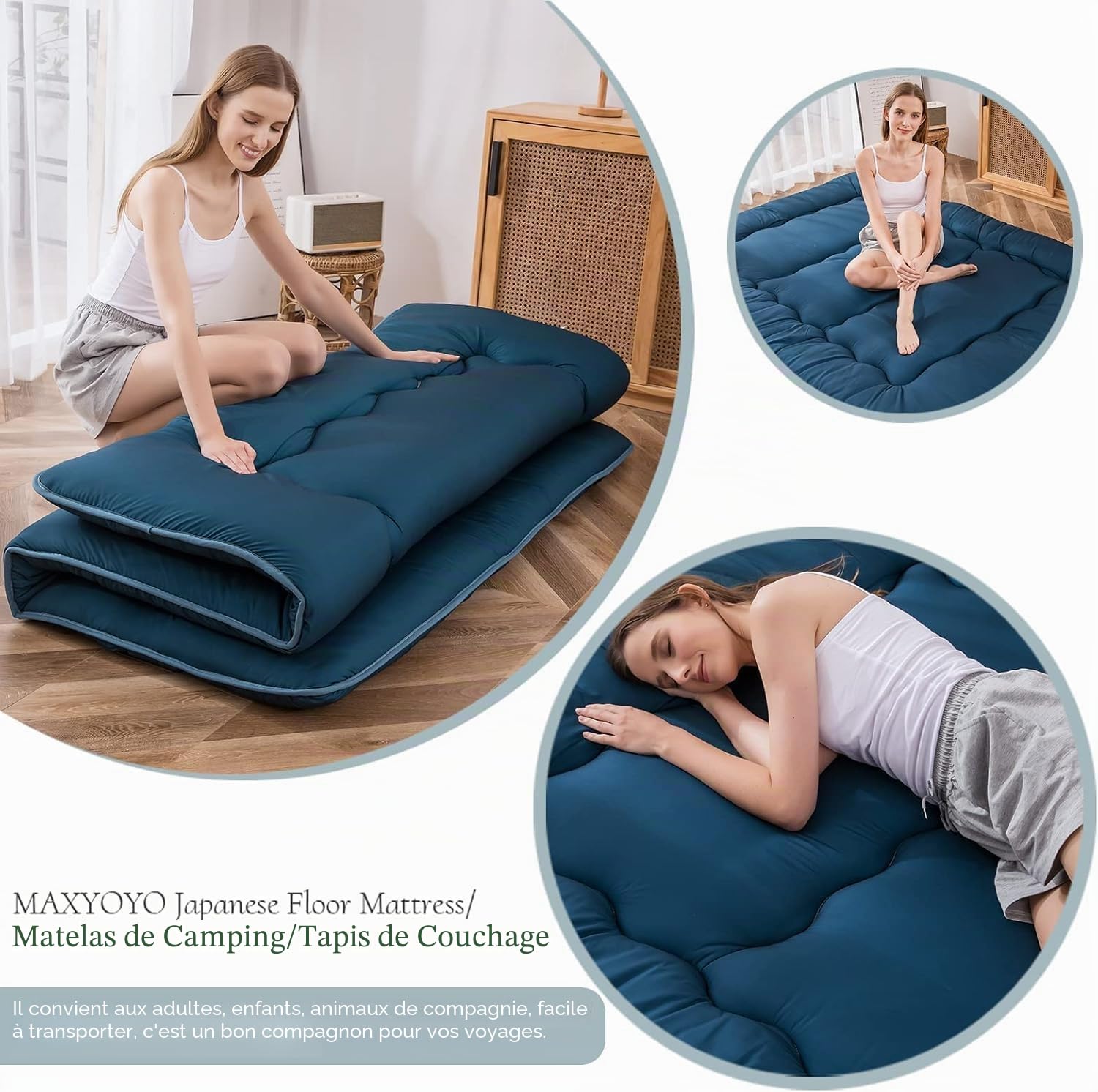 MAXYOYO Matelas Futon de Sol Japonais - Matelas Tatami de Appoint Lit Japonais,Futon Pliable avec Sac de Transport & Housse Matelas pour Les Voyages d'invités et Le Camping (Bleu Royal,90x190cm)
