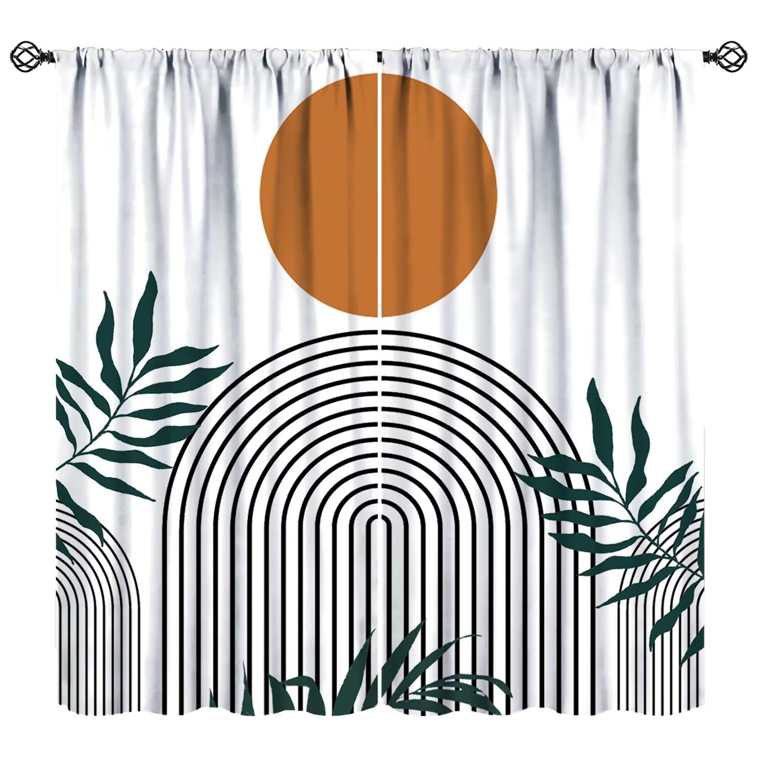 JESTRONRY Mid Century Curtain, Boho Green Leaves Abstract Modern Geometric Lines Plant Minimalist Sun Aesthetic Decor Window Treatments Bedroom Curtain Home Decor Window Drapes 42x45 Inch Blackout