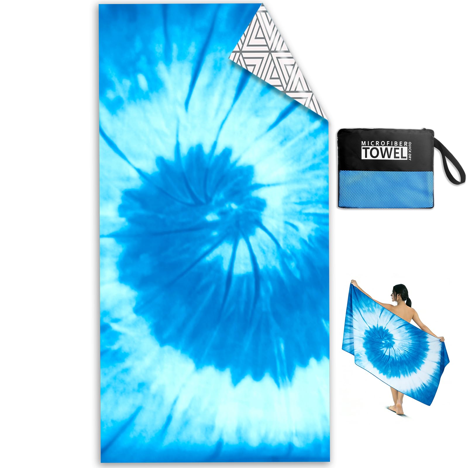 Kelvindra Microfibre Beach Towels for Adults - 1 Pack Double Sided Lightweight Beach Towel 180x90cm Extra Large, Sand Free Quick Dry Microfibre Towel with Mesh Bags for Travel, Swim & Sunbathing