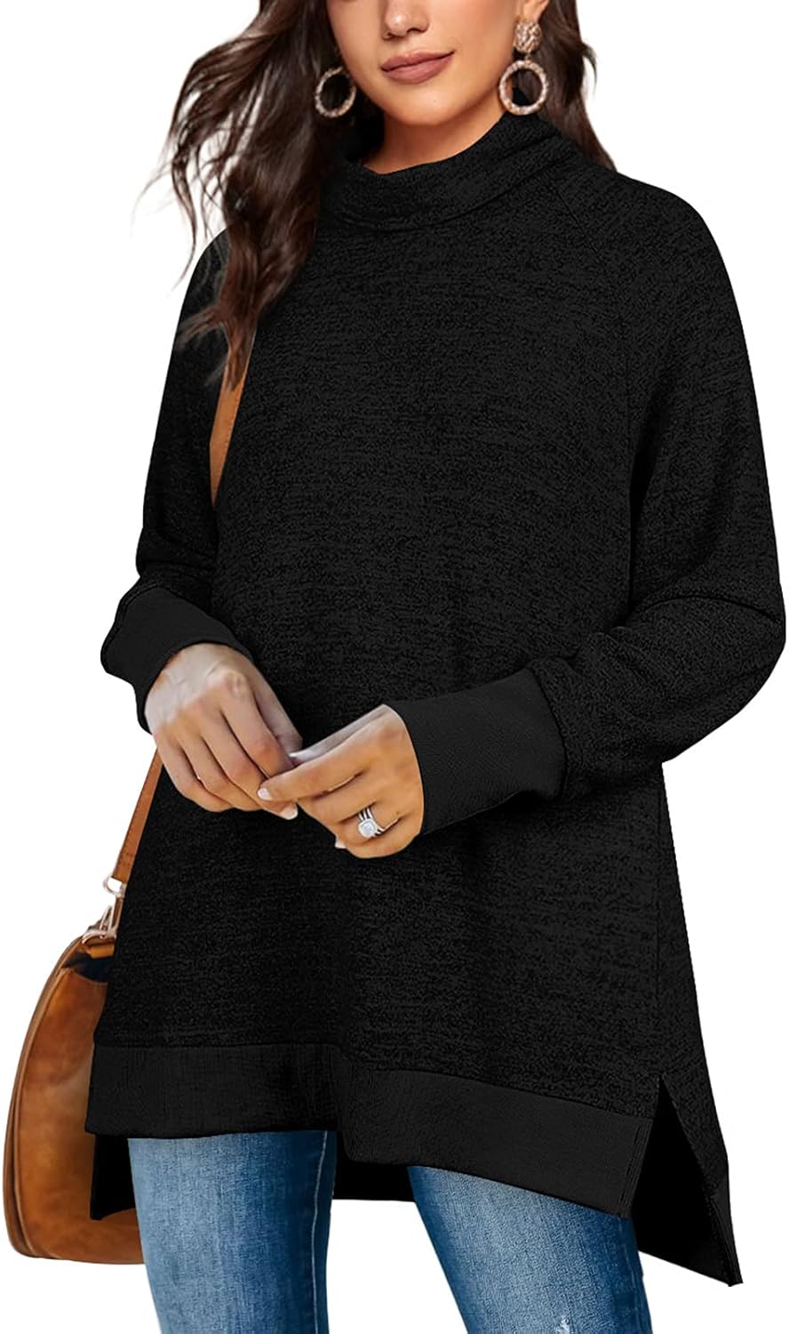 OFEEFAN Women's Turtle Neck Sweatshirts High Low Hem Side Slit
