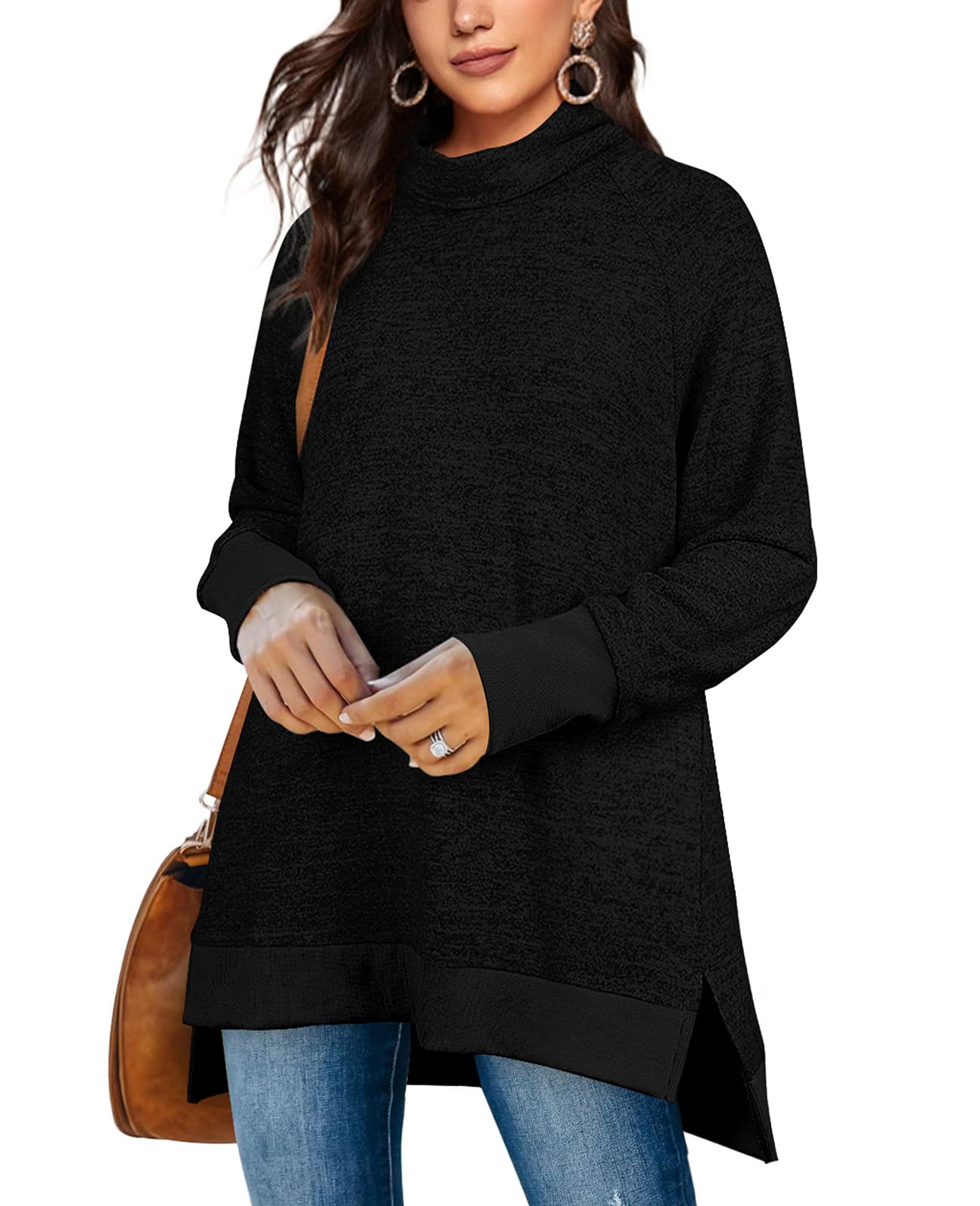 OFEEFAN Women's Turtle Neck Sweatshirts High Low Hem Side Slit