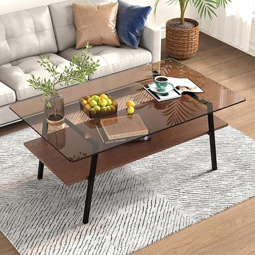 Miniatura 5 de i-POOK Mesa de centro de vidrio de doble capa de vidrio templado con patas de metal y estante inferior de MDF, mesa de centro rectangular de vidrio
