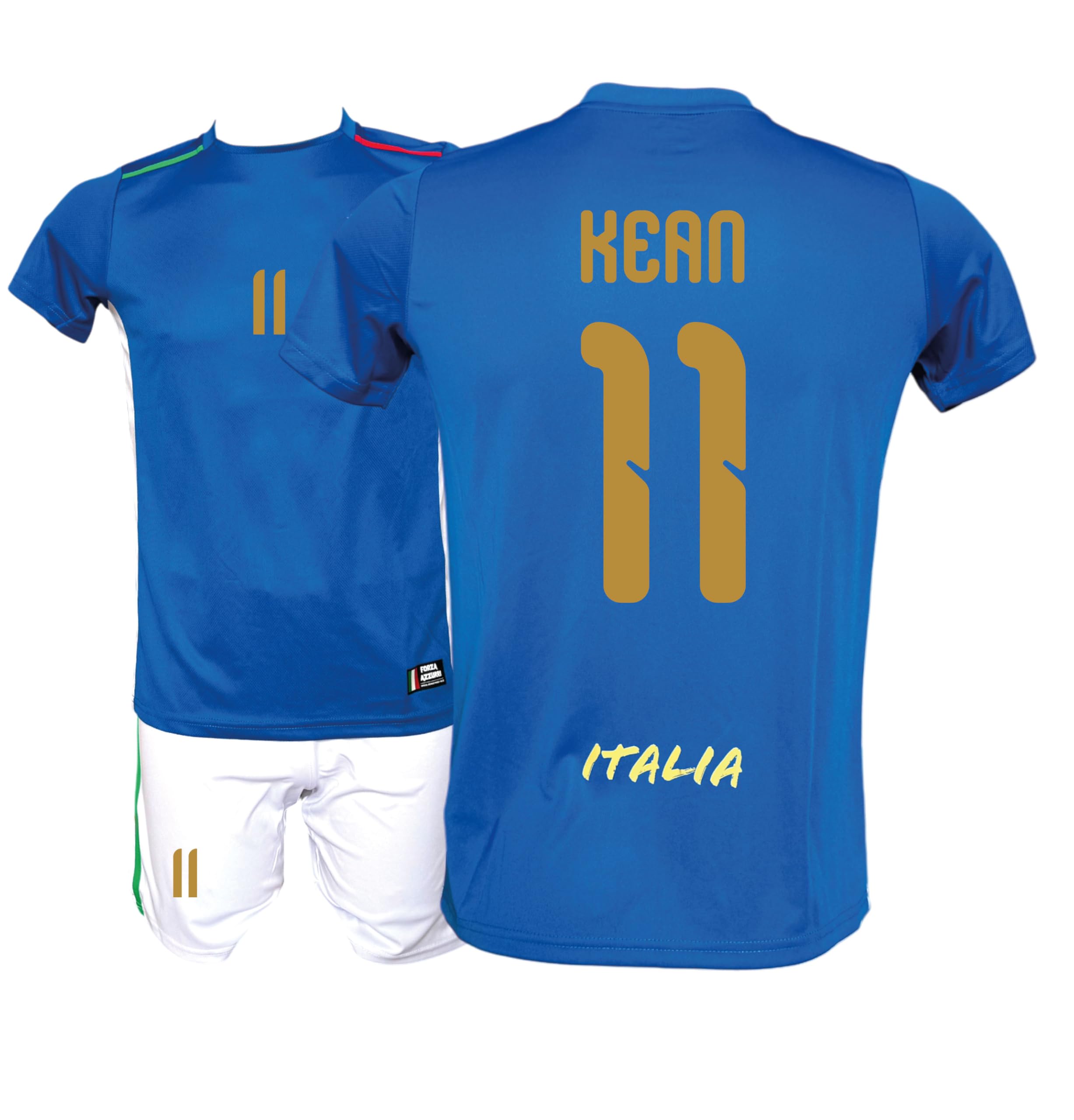 Generico Kit Maglia Italia Calcio Kean 11 e Pantaloncino, Blu con Stampe in Oro, Replica Maglietta Nazionale Italiana, Taglie da Bambino