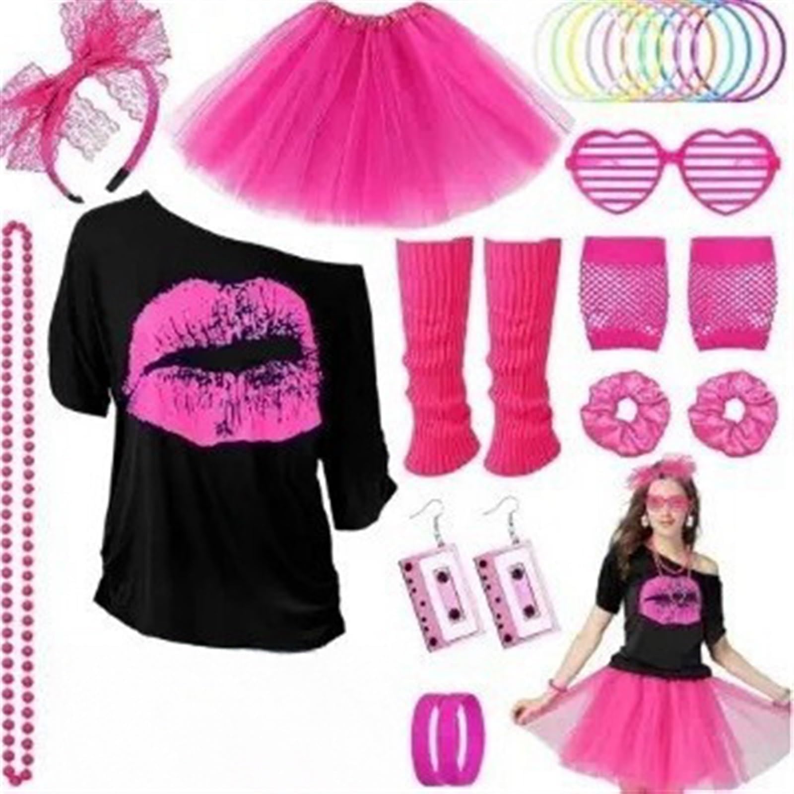 THE WHITE SHOP 80s Costume Accessories for Women, Leg Warmers Boot Socks Leg Warmers for Girls T-Shirt Tutu Fanny Pack Headband Earring Necklace Fishnet Gloves Legwarmers (RED)