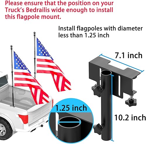 Miniatura 6 de Soporte universal para mástil de bandera en cama, sin perforación, para camión con riel de cama o sin riel, se adapta a postes de hasta 1.2