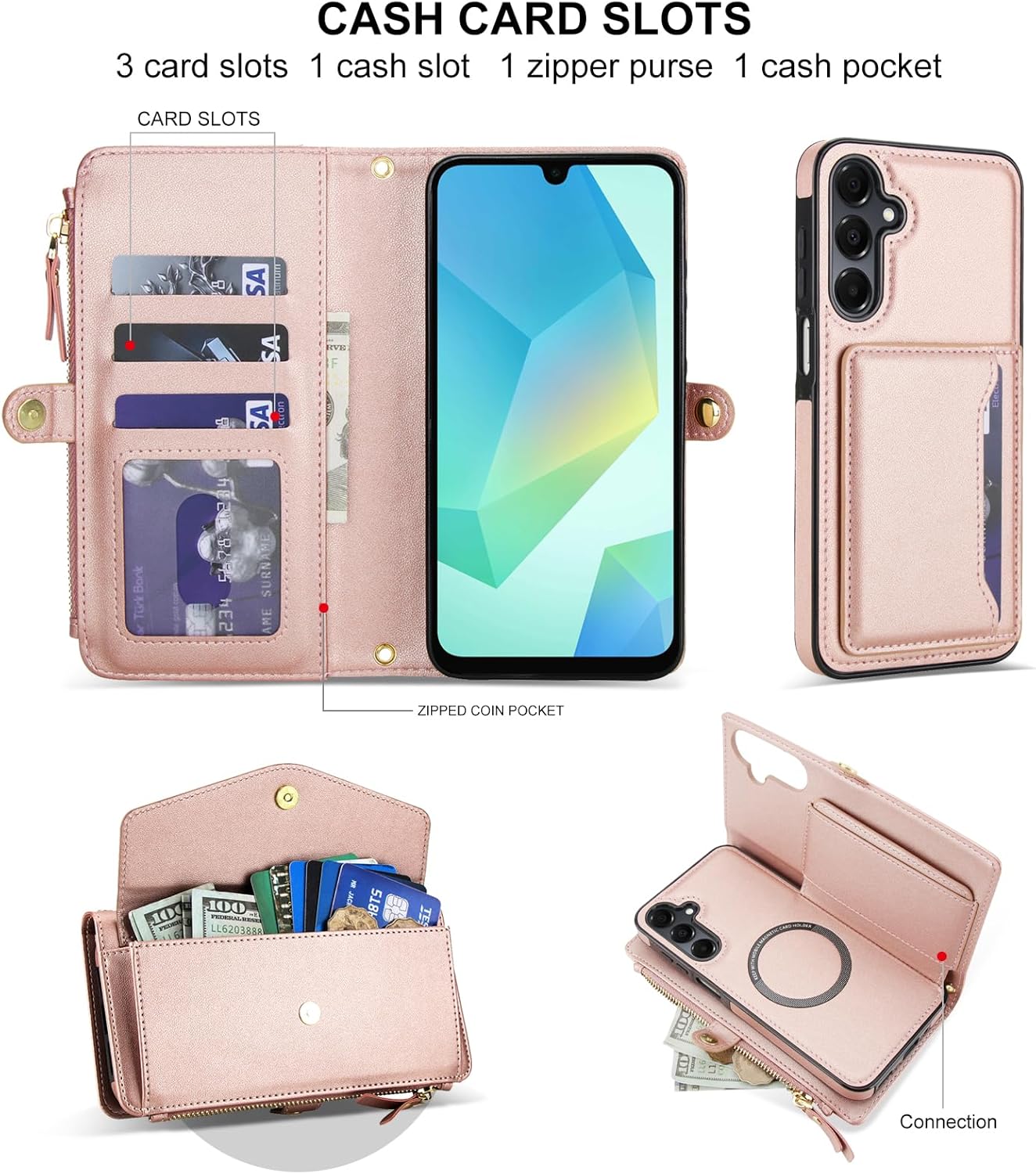 Phone Case for Samsung Galaxy S23 5G Wallet Cover Compatible with Magsafe RFID Screen Protector Crossbody Lanyard Strap Flip Card Holder Slot Zipper Cell S 23 23S GS23 G5 SM-S911U 6.1 inch Rose Gold