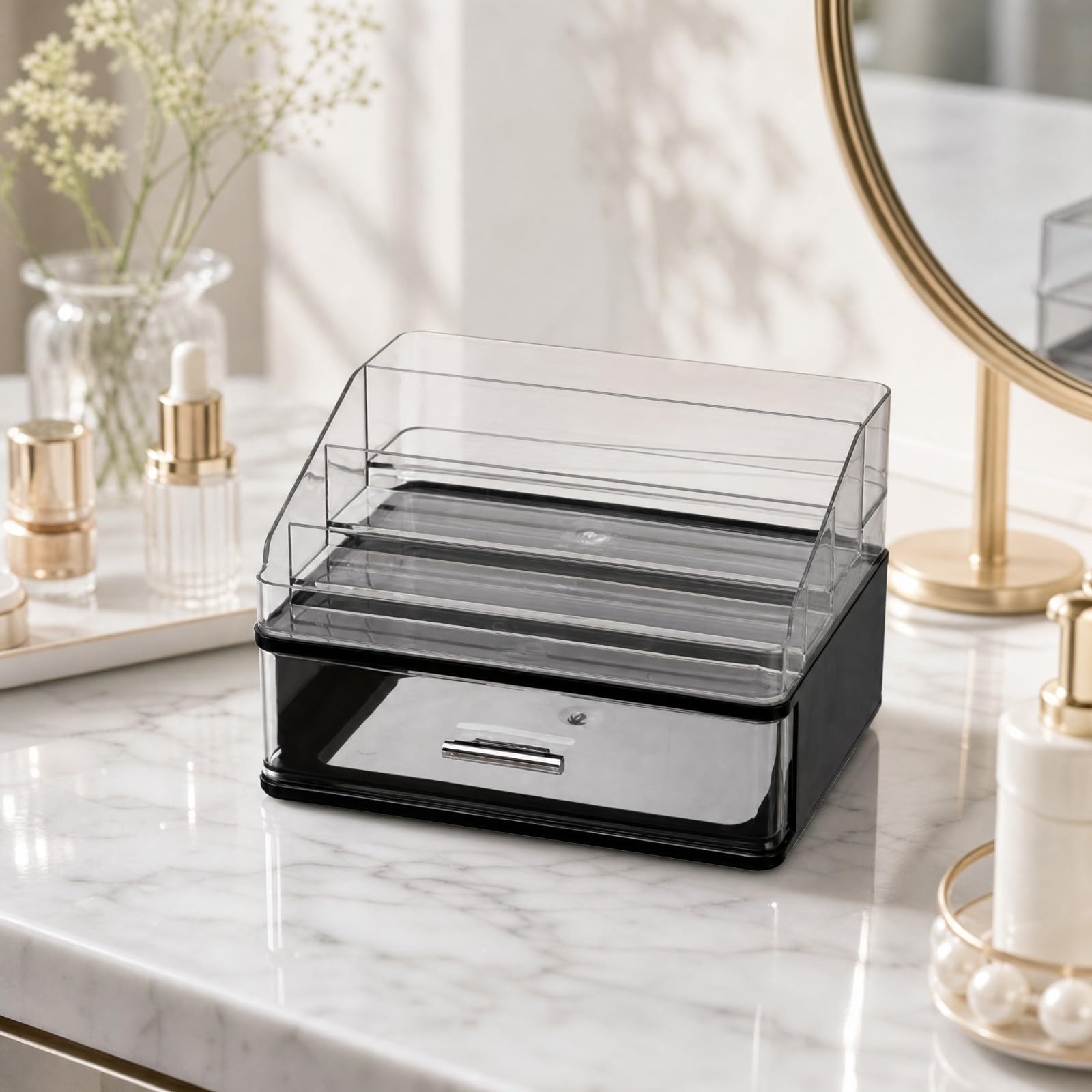 TISHITA Make-up-Organiz mit transparentem Obteil einfaches Design Kosmetik-Organiz mit Schubladen vielseitig Kosmetikorganiz für Badezimm, 3-Stufig