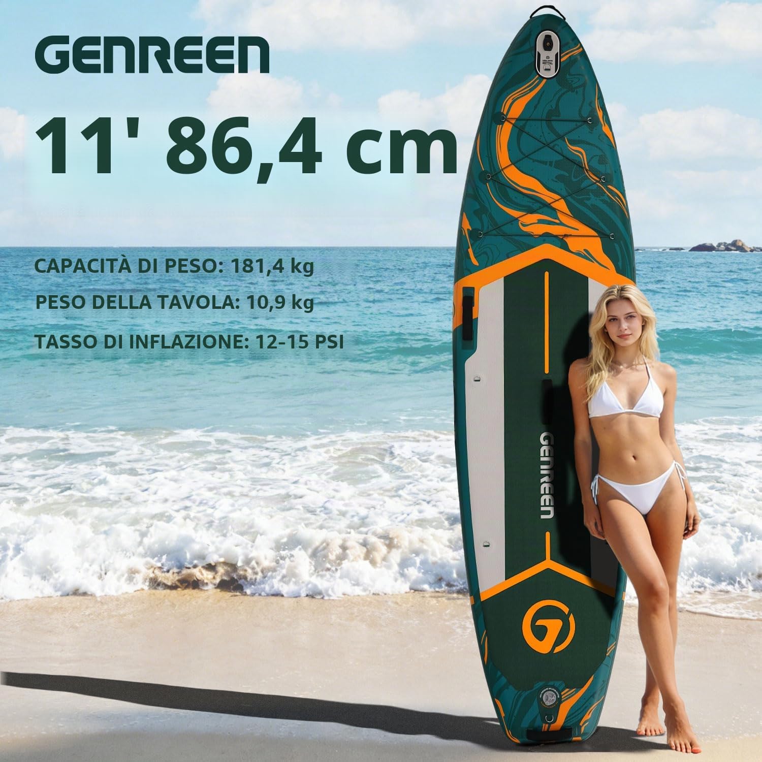 Tavola da SUP gonfiabile da 3,3 m con accessori per SUP, tavola antiscivolo, doppio strato in PVC, 3 pinne, 83,8 cm, stabile, per giovani e adulti (verde giungla)
