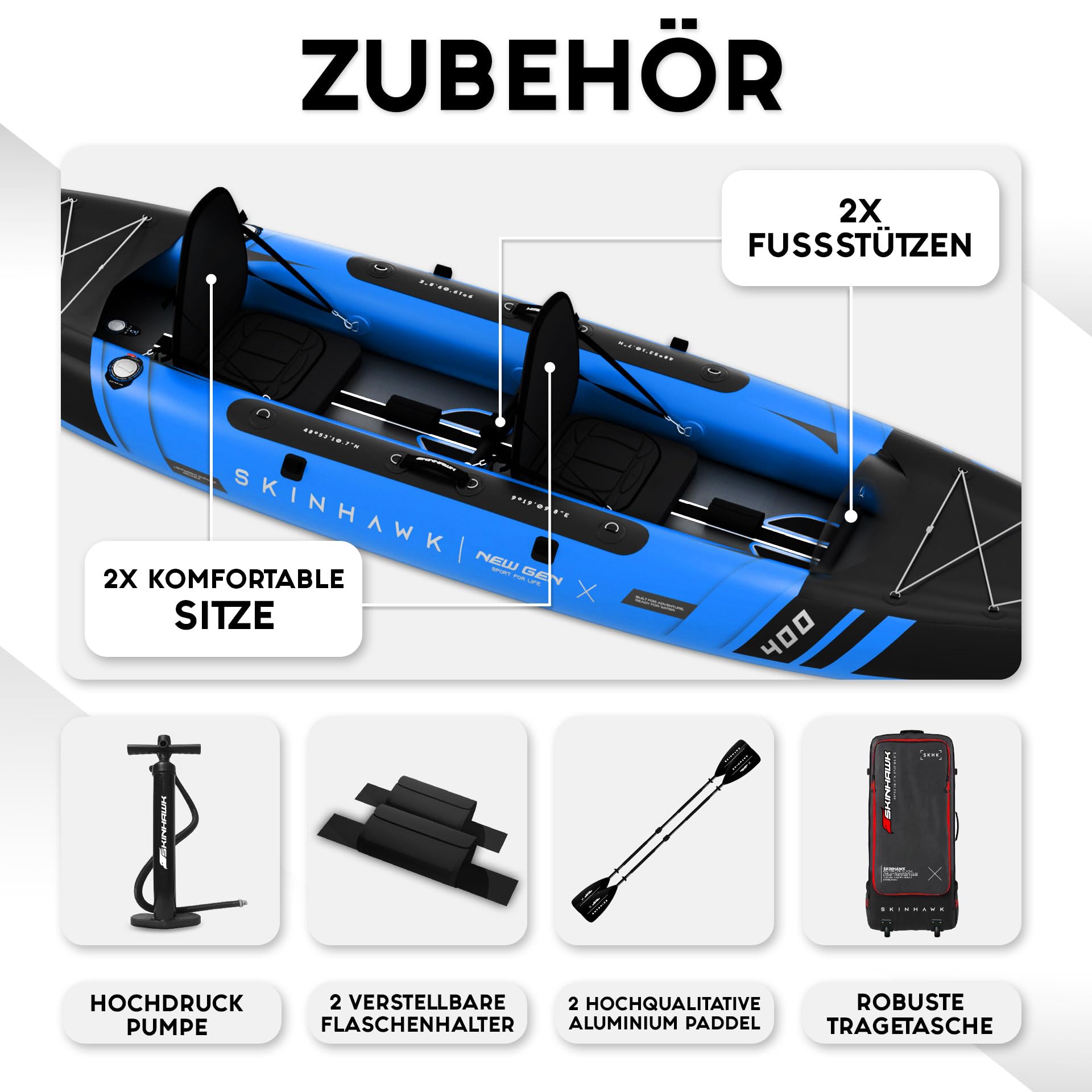 SKINHAWK Prestige Blau Kajak Set 400 – Schlauchboot – Kanu - 400 x 96 cm - 2 Personen Kajak