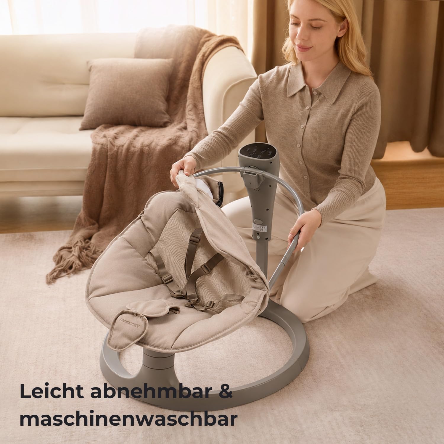 Momcozy 2-in-1 Elektrische Babywippe, 4 Bewegungen & 4 Geschwindigkeiten, Doppelarm-Struktur, 2 Liegepositionen, Wiegenlieder & Plüschspielzeug, Ab Geburt bis 30 kg, 0-6 Jahre