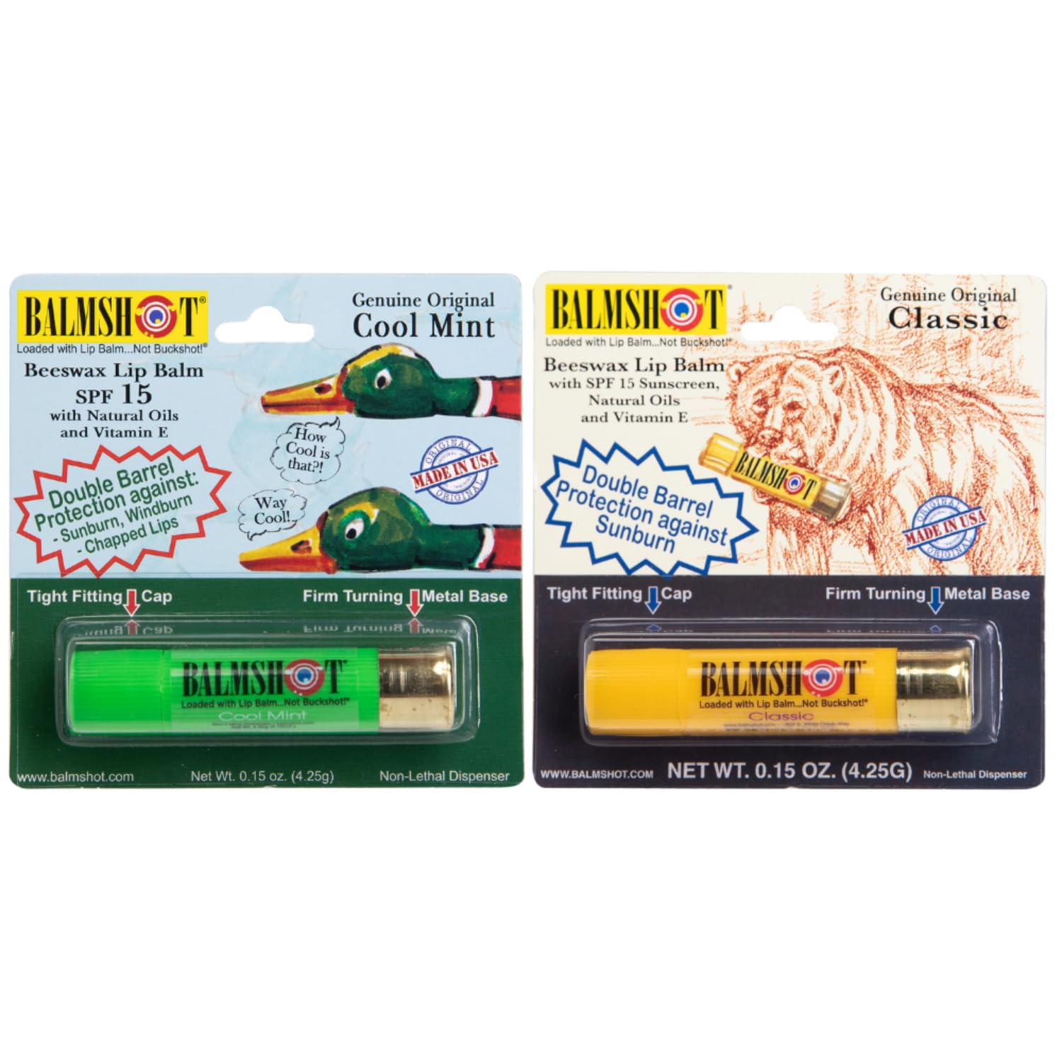BALMSHOT Lip Balm Two Pack of Classic Cool Mint - SPF 15 Natural Beeswax Chapstick Long Lasting Moisturizer