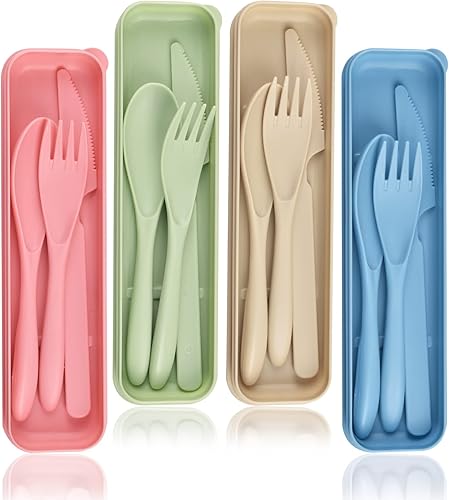 Juego de utensilios reutilizables con estuche, utensilios de viaje para 4 personas, juego de cubiertos de plástico, cucharas y tenedores, cuchillos,