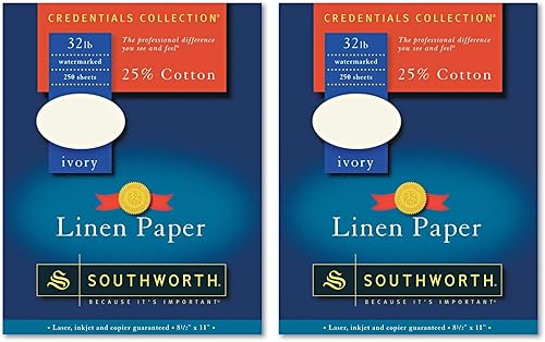 Southworth Papel comercial 25%, 8.5 x 11 pulgadas, 32 libras120 GSM, acabado de lino, marfil, 250 unidades. El embalaje puede variar (J568C)