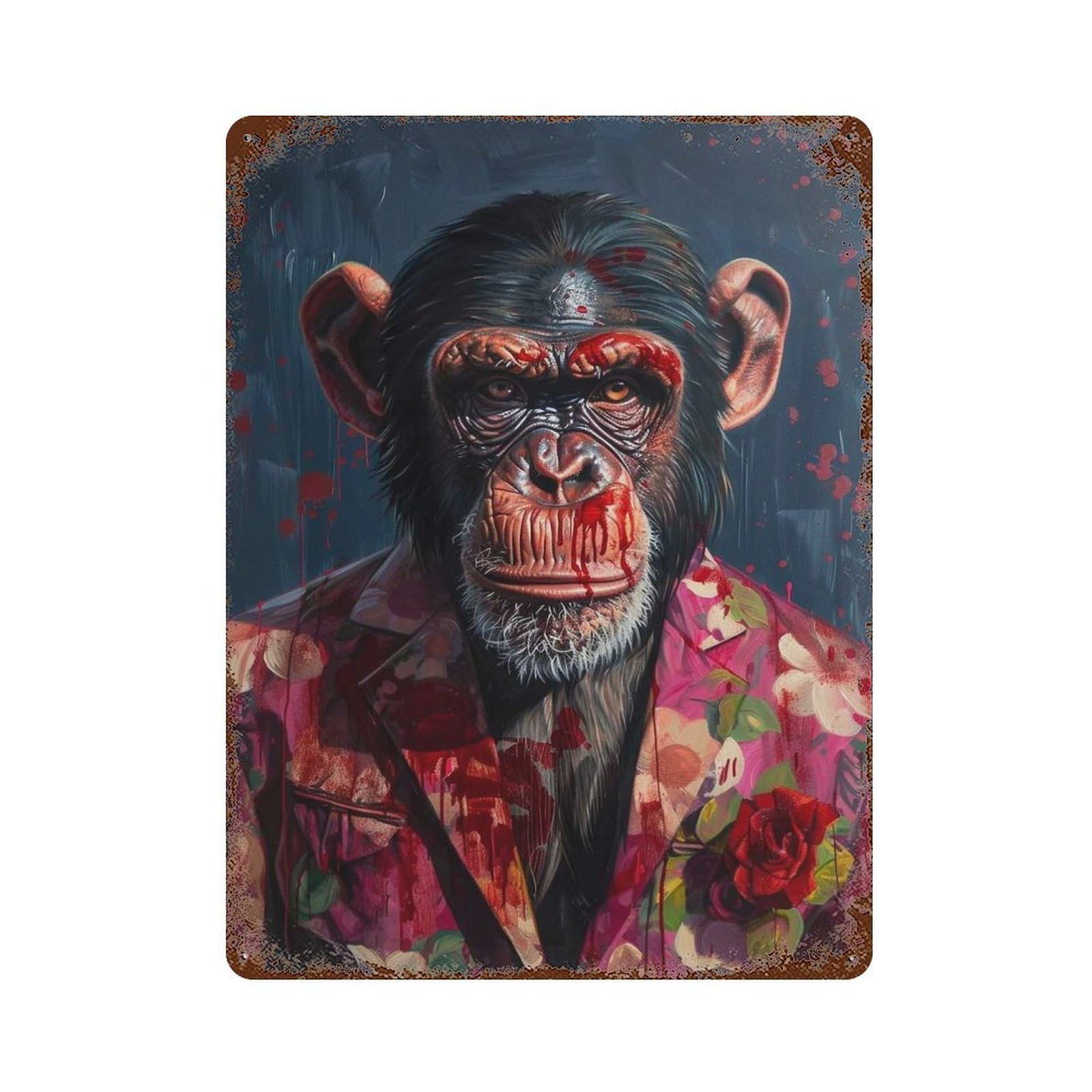 Retro Metal Sign Chimpanzee in Floral Suit Painting 15.7"x11.8", Retro Wall Decor for Living Room, Hallway And Home Decor