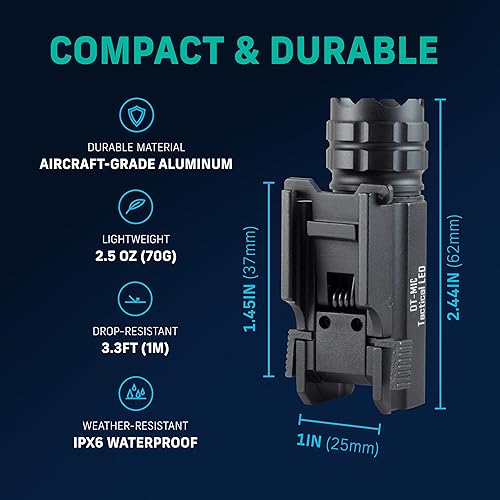 Miniatura 3 de DefendTek Linternas tácticas para pistola  Luz LED compacta montada en riel para escopeta, pistola, rifle y pistola  Accesorios para armas y armas