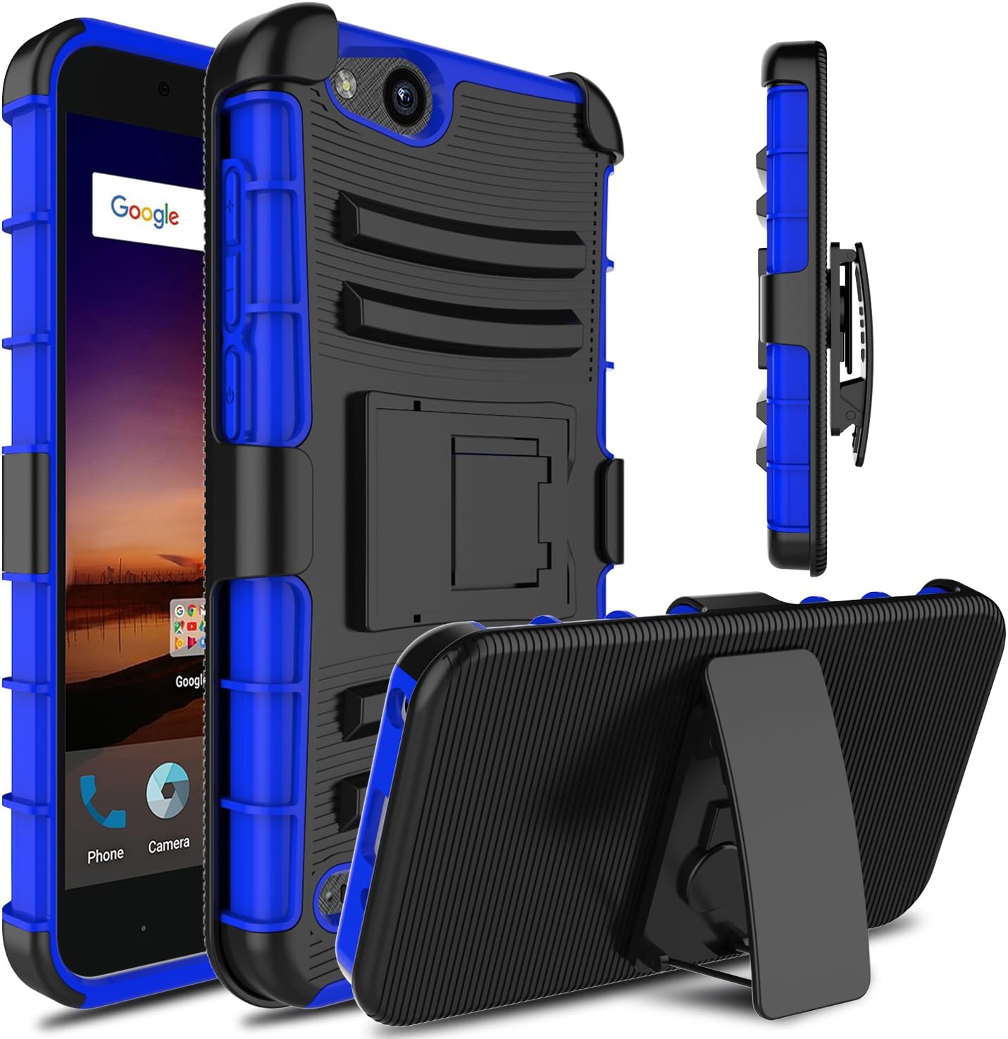Venoro Compatible with ZTE Tempo X Case, ZTE Blade Vantage Case, Heavy Duty Full Body Protective Case Cover with Kickstand and Belt Swivel Clip Compatible with ZTE Avid 4 (Black/Blue)