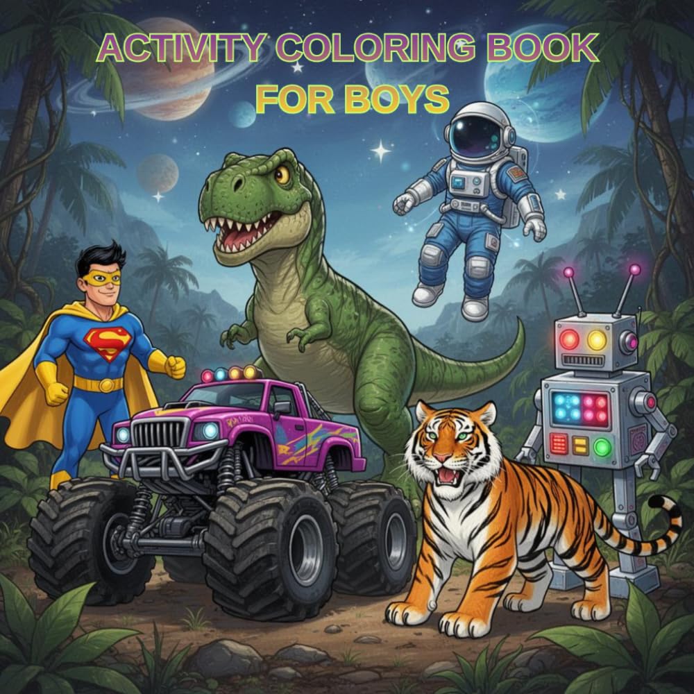 50 Amazing Things to Color: Activity Coloring Book for Boys Ages 3-10: Dinosaurs, Space, Vehicles, Animals & Robots - 50 Fun Coloring Pages for Creative Boys