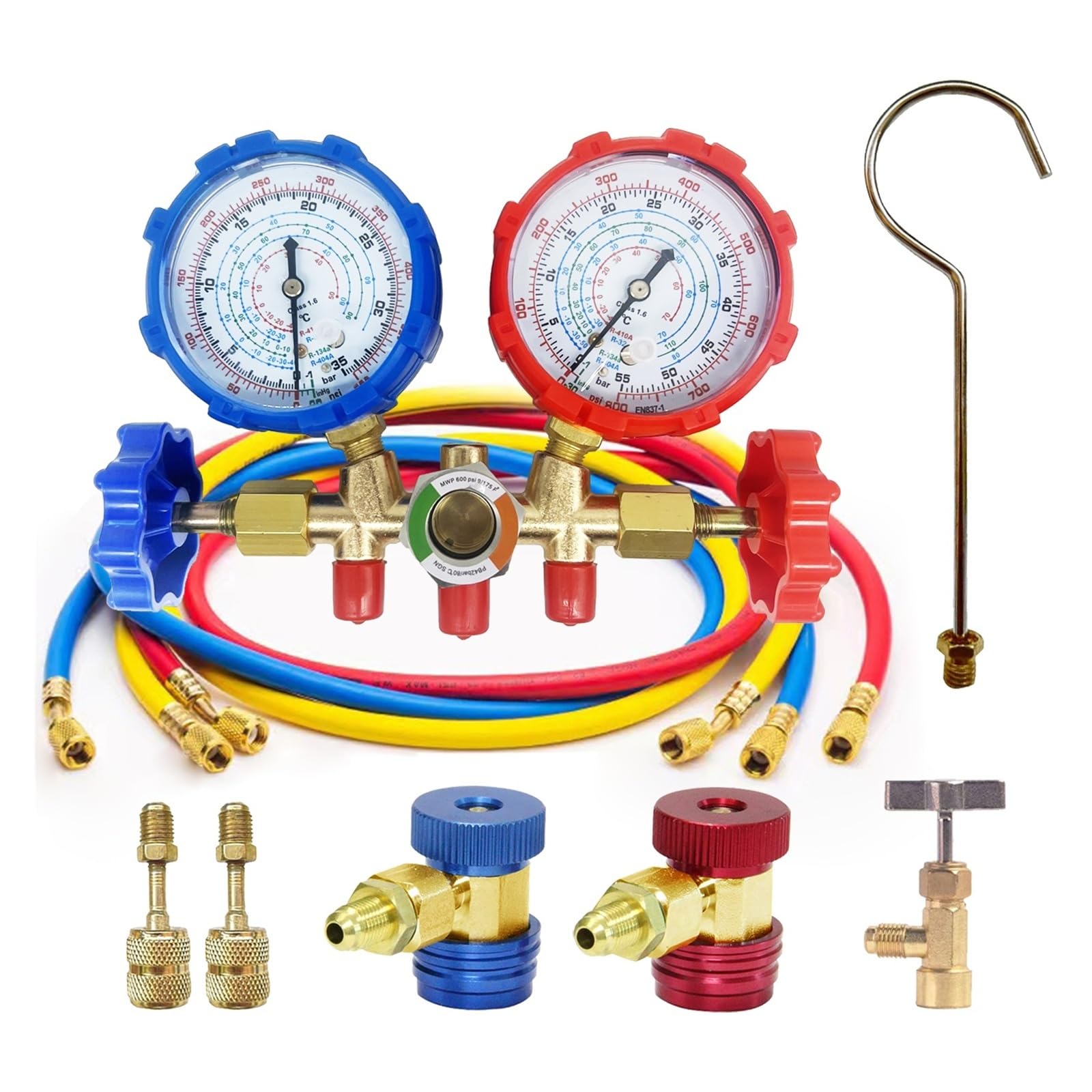 AC-Kältemittel-Nachfüllset, Klimaanlagen-Manometer mit Schlauch und Haken, 3-Wege for R12, R32, R404A, R134a Kompatibel(SET B)