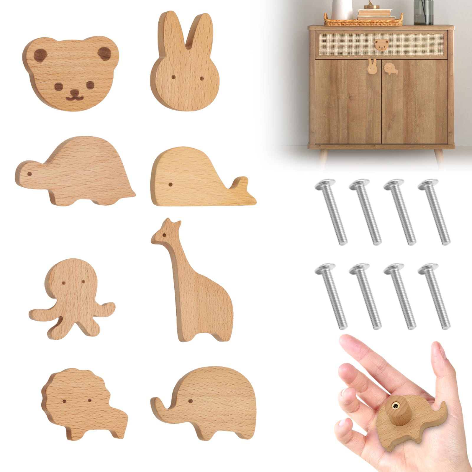 Vaileal 8 pomelli per armadi in legno per cameretta dei bambini, in diverse forme di animali, maniglie per cassetti in legno per bambini, pomelli in legno con motivi animali, pomelli per armadi
