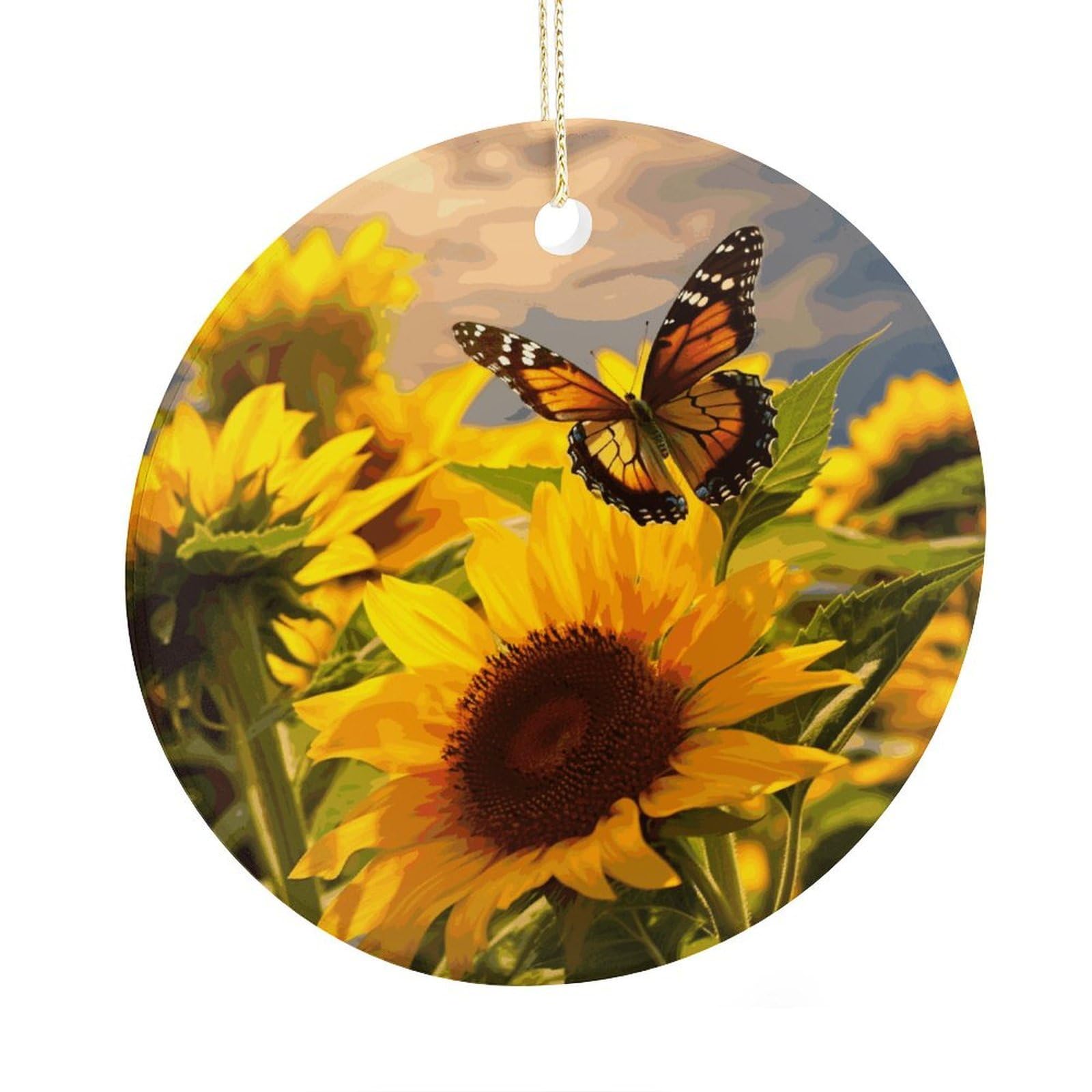 Adfgyerh Style Sunflower Butterfly Ceramic Circular Pendant,2.9 Inch，Hanging Ornament，Gift Exchange Idea Round Ceramic Ornament,For Mom And Daughter，For Home Indoor Outdoor Decor.