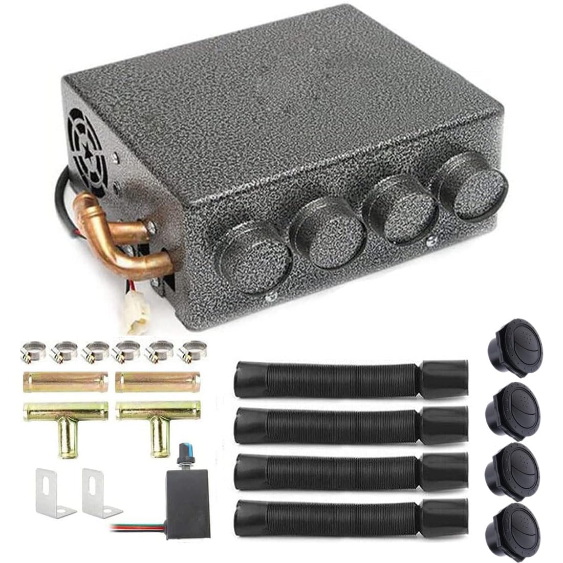EvargcUniversal 12V Dual blower Auxiliary Compact Heater Hydronic Heater Assembly Demister Defroster with 4 Vents Speed Switch For Car UTV Truck Boat RV