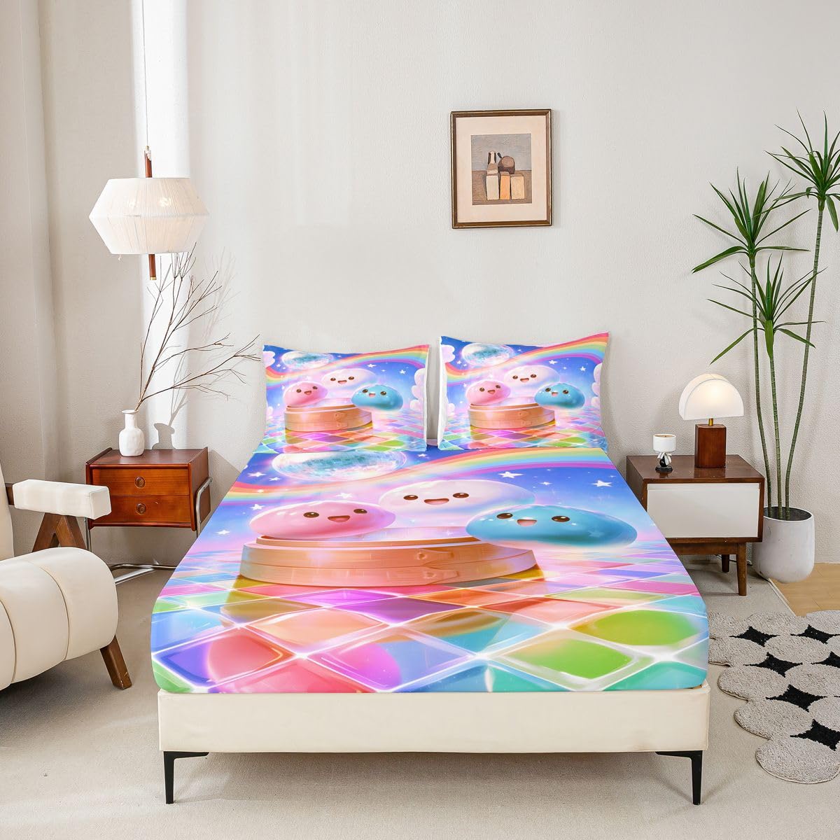 Manfei Kawaii Cartoon-Lebensmittel-Spannbettlaken, volle Größe, niedliches Knödel-Bettwäsche-Set, 3-teilig, buntes 3D-Würfel-Bettlaken für Kinder, Jungen, Mädchen, Teenager, Raumdekoration