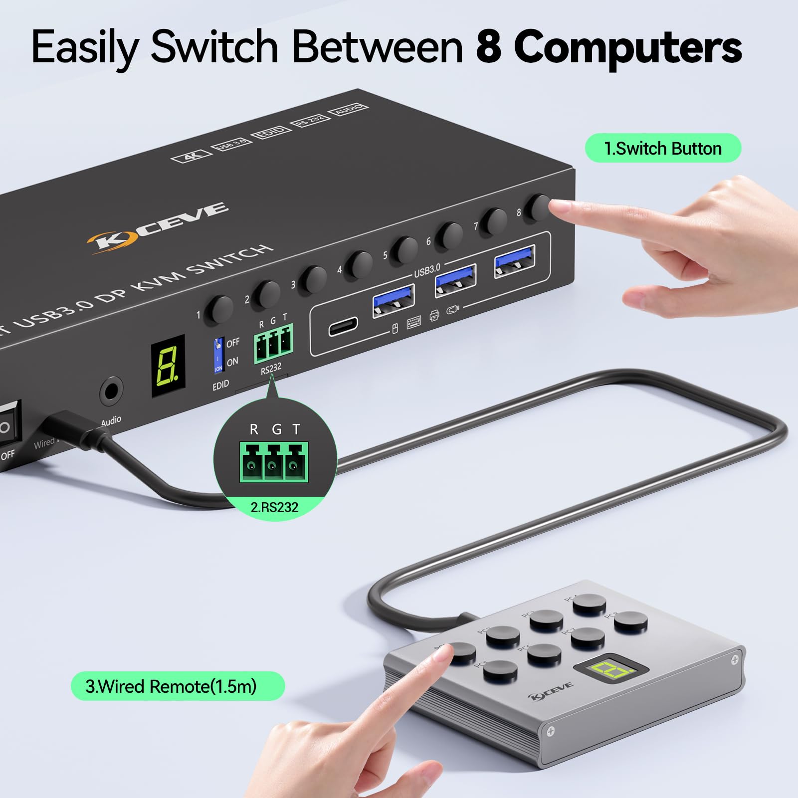 Switch KVM a 8 porte Displayport Simulazione EDID 4K@60Hz, switch KVM USB 3.0 DP per 8 computer Condividi 1 monitor e 4 dispositivi USB, switch KVM con telecomando cablato RS232 audio 12V