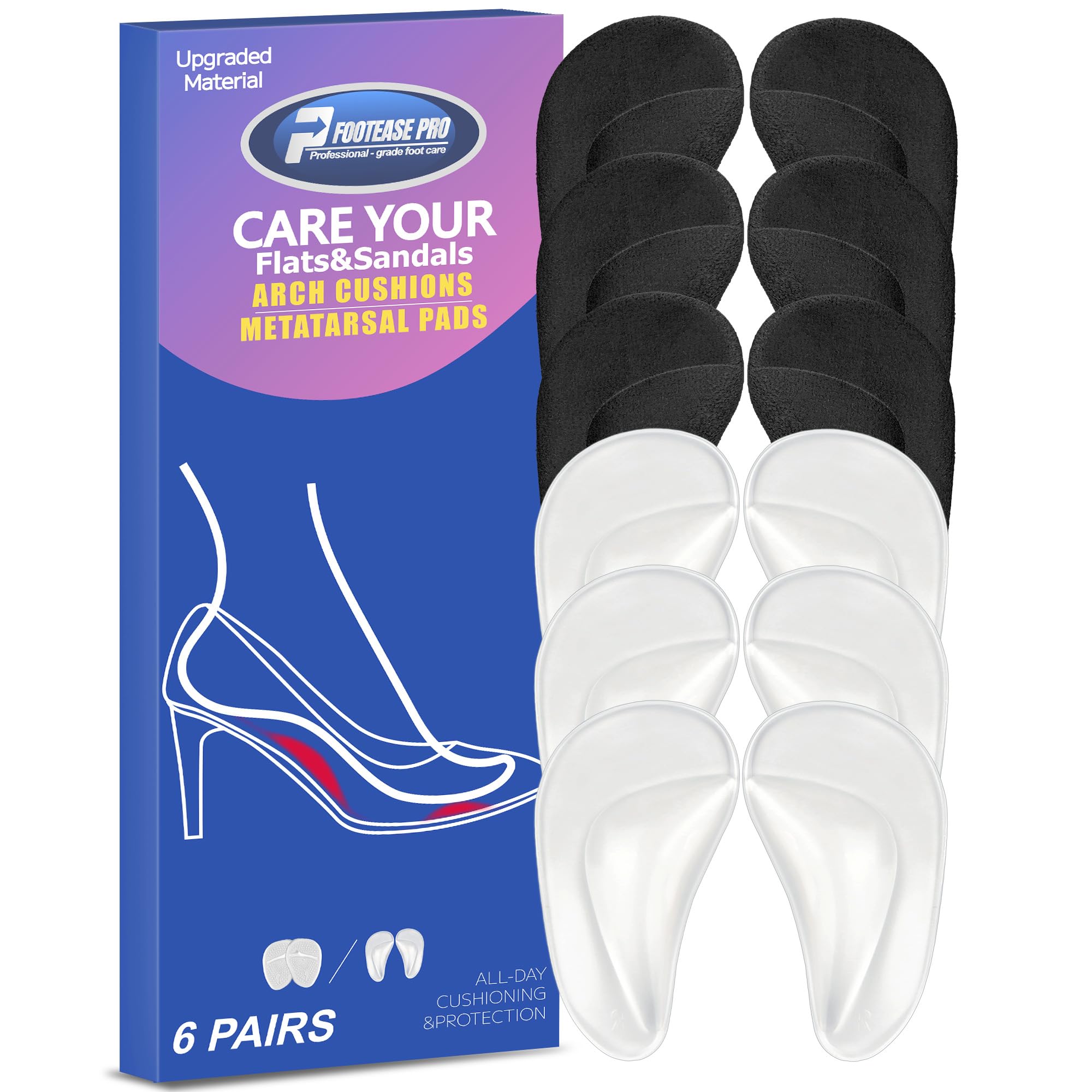 6 Pairs Arch Support Inserts for Women &amp; Men, Reusable Arch Support Cushions for Plantar Fasciitis Relief, Shoe Insoles for Flat Feet, Sandals, Heels, Work Shoes