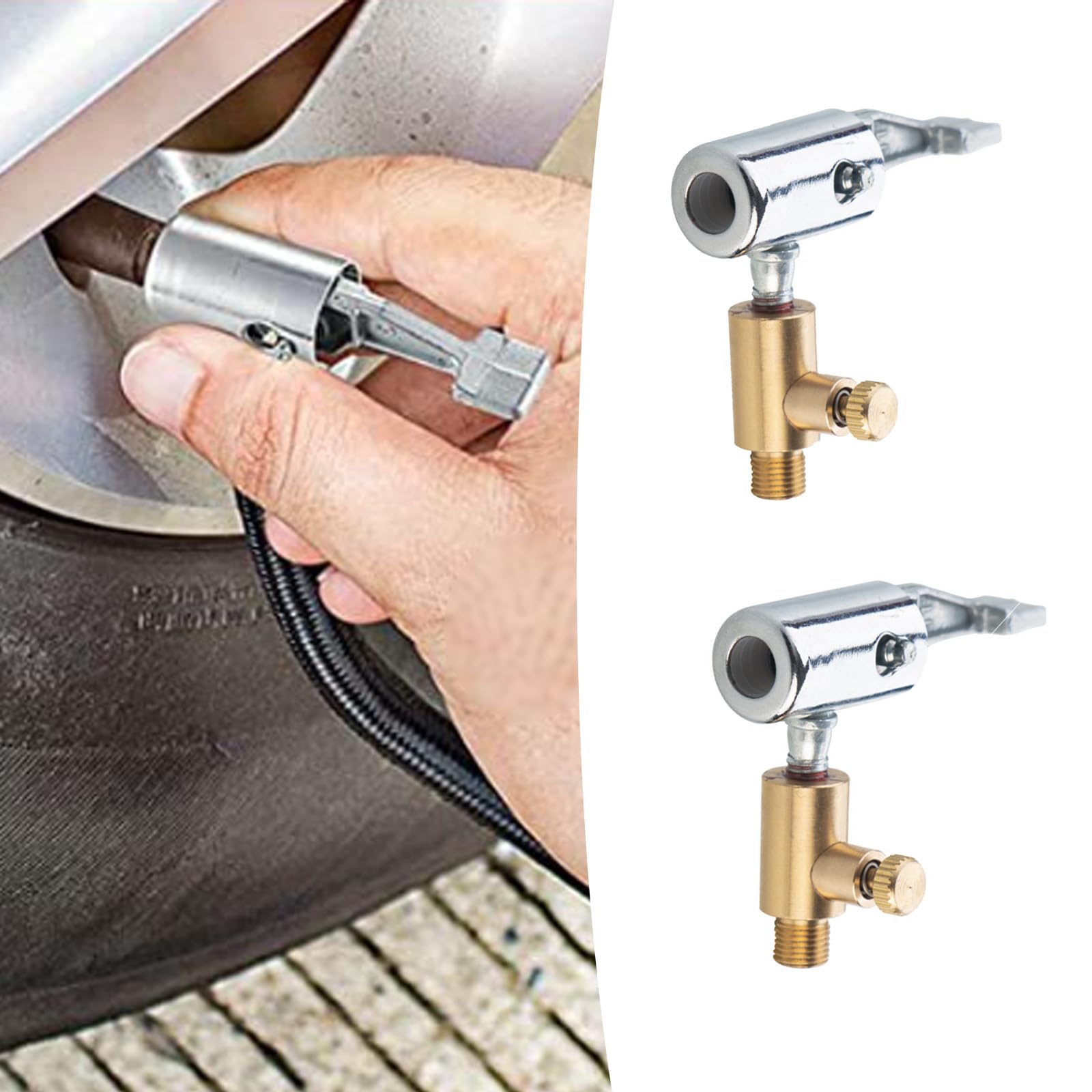 2 PCS Car Air Pump Connector,Alloy Portable Quick Release Handle Threaded Mouth Adapter, 90° Locking Tire Inflation Hose Adapter, Suitable for Most Car Models (Silver & Gold)