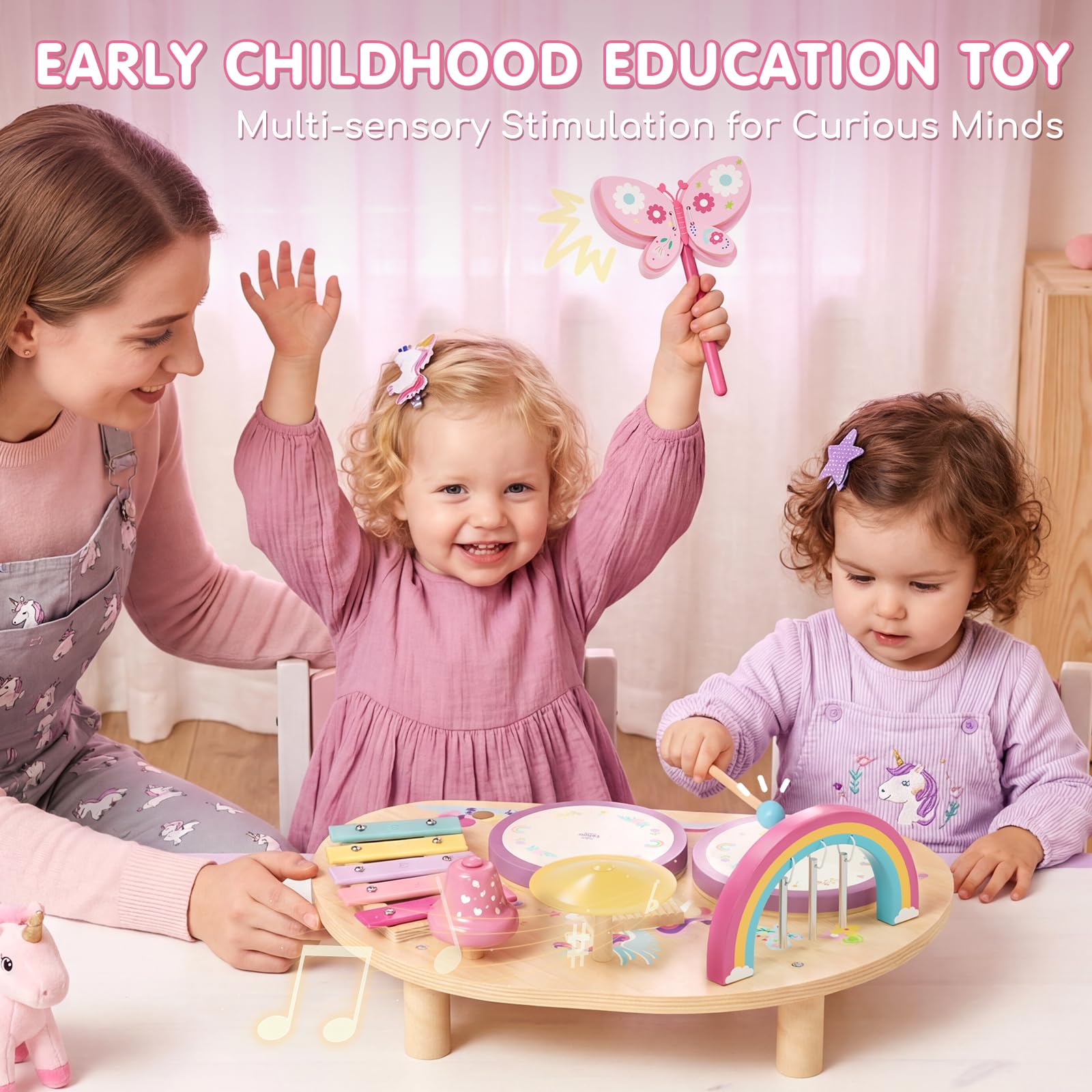 Lehoo Castle Montessori Juguetes 1-3 Niños, Bebe Tambor Bateria Infantil, 9 IN 1 Instrumentos Musicales Brinquedos Juguetes de Mader Regalo Brinquedos Niño Niña 2 3 4 5 Años (Unicornio)