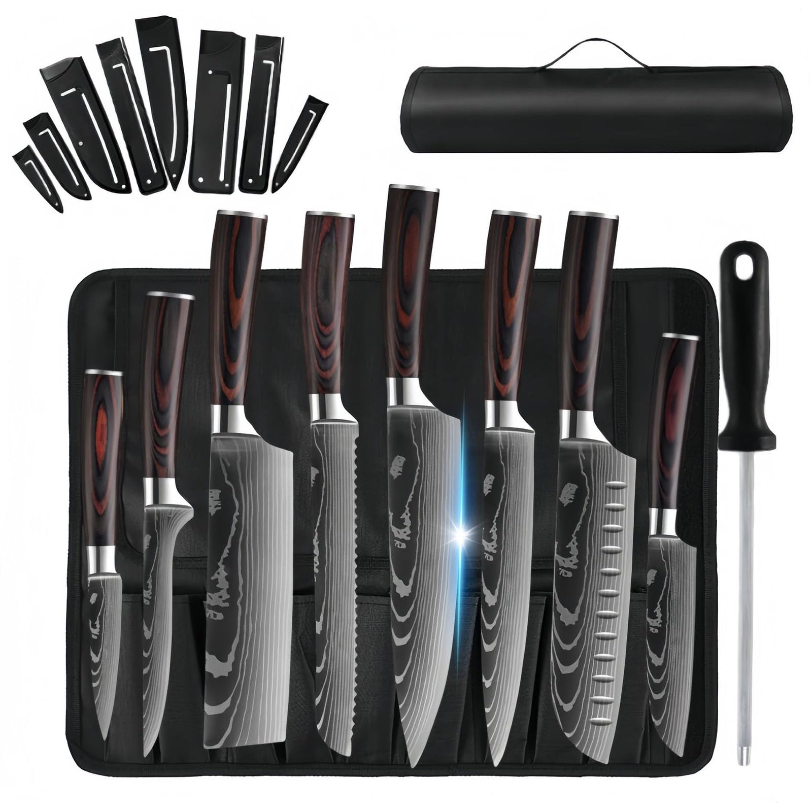W&H Chef Knife Set with Roll Bag,10PCS Kitchen Knives,Stainless Steel